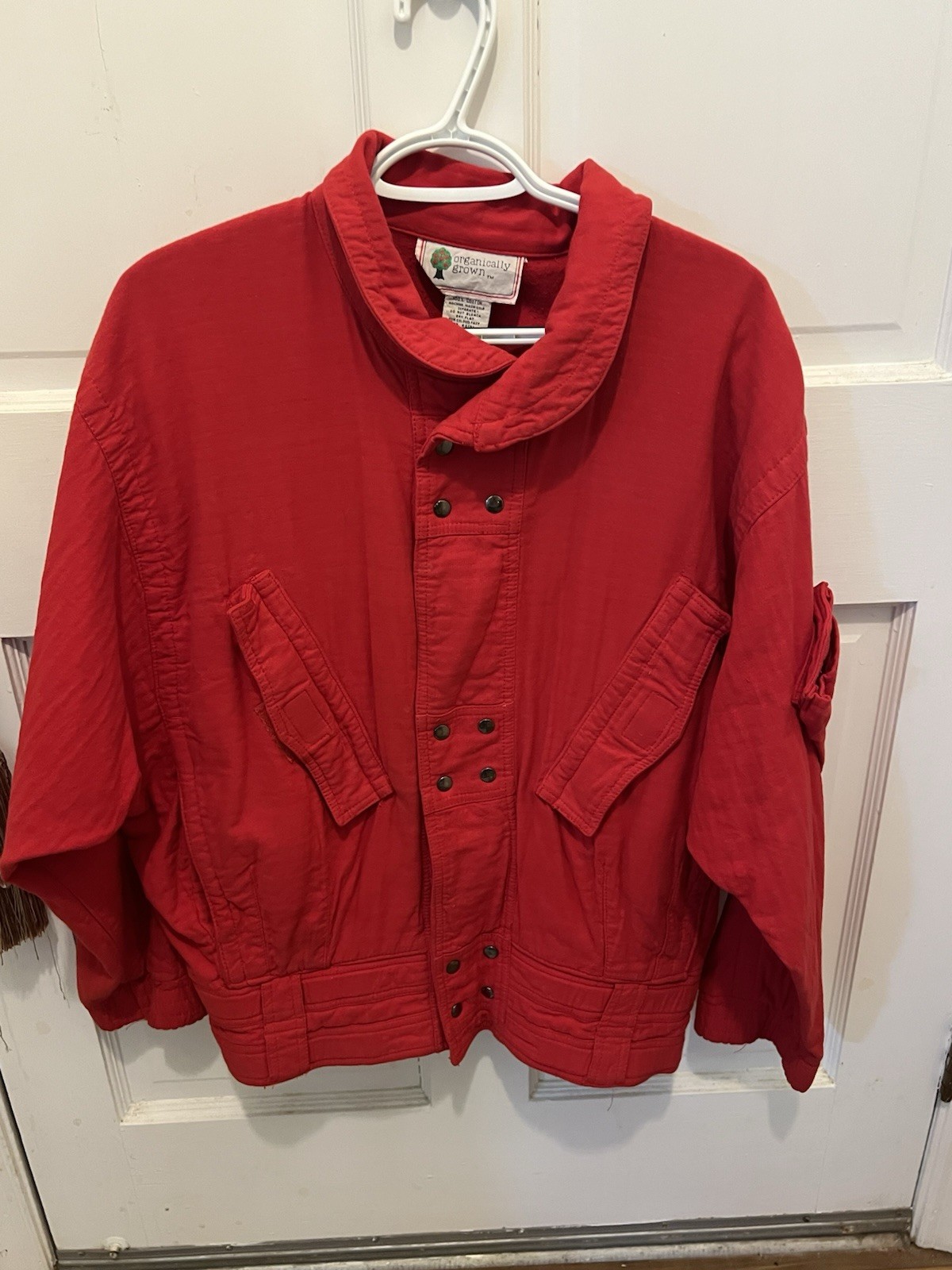 Vintage 80’s Organically Grown Red Cotton Batwing Dolman Snap Front Jacket Women