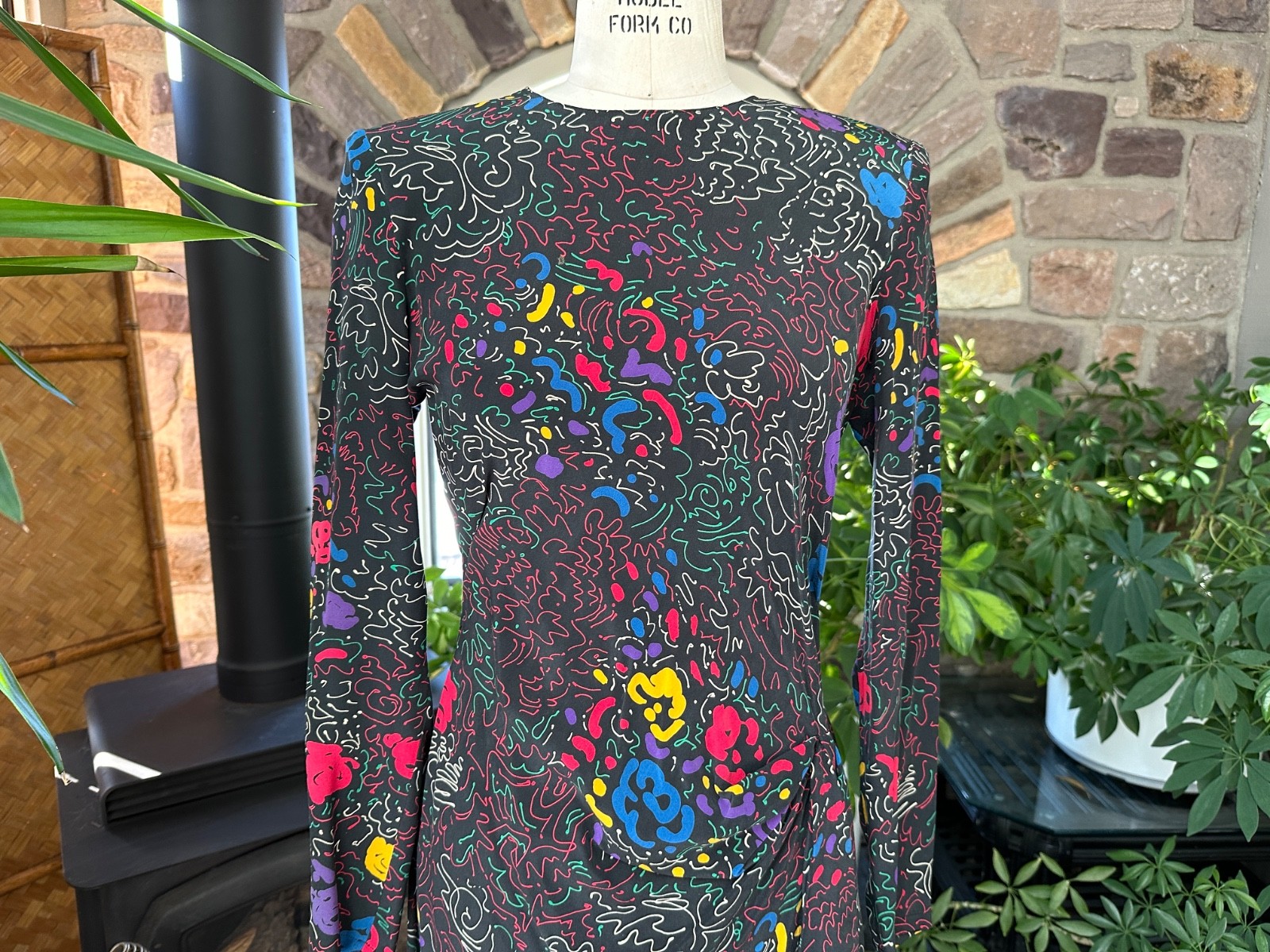Vintage 1990s Black and Primary Color Abstract Silk Sarong Style Dress Nora Noh