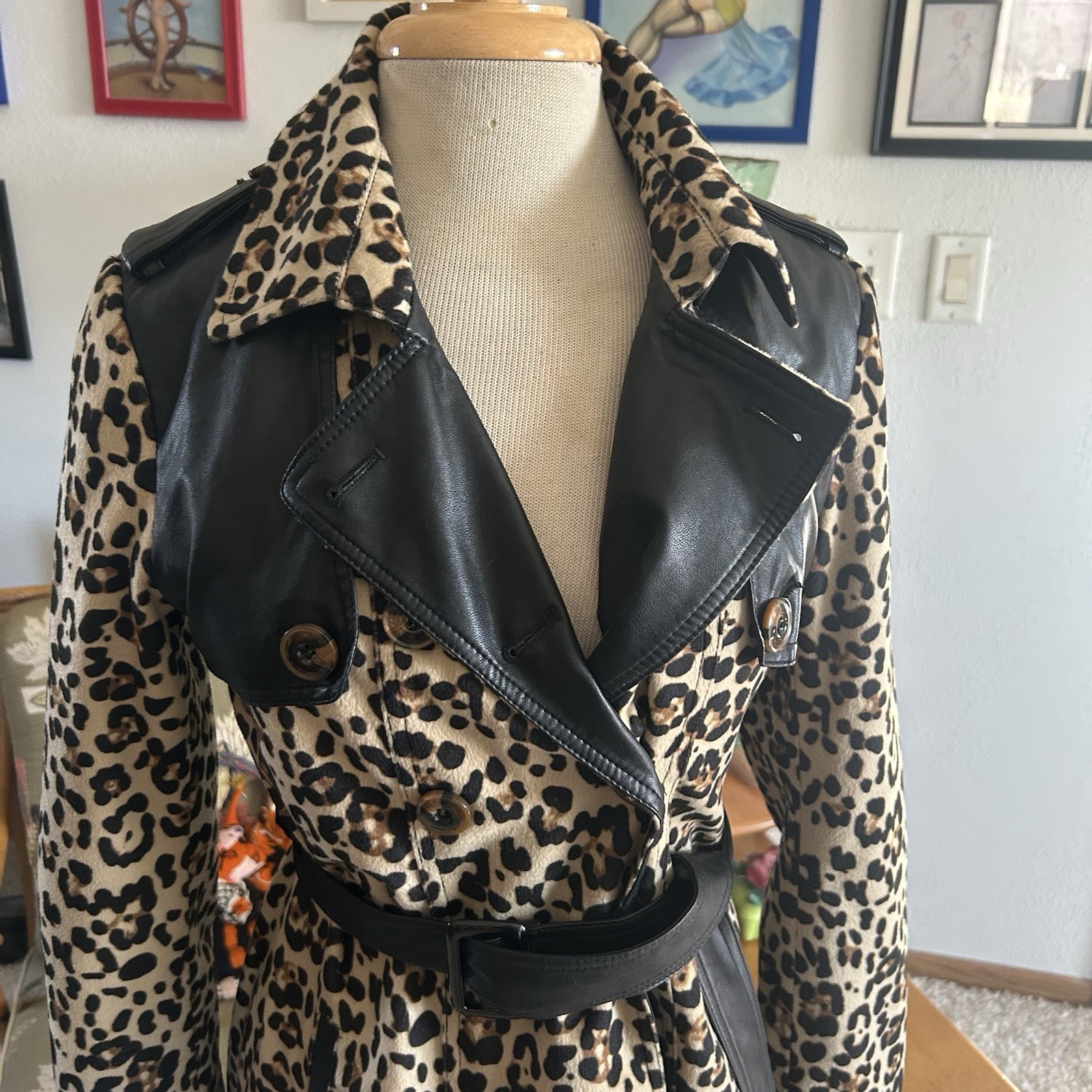 Retro 1950s style Coat | Leopard | Trench | Belted | S M | Colorblock | 60s