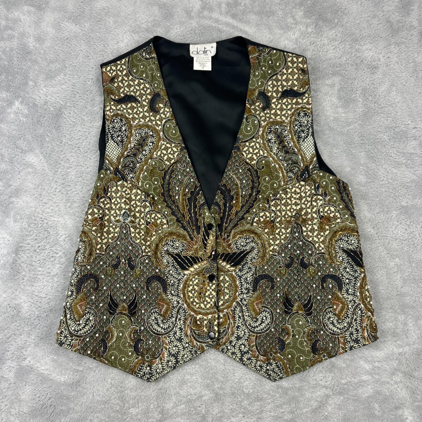 Vtg Dalin Waistcoat Vest Plus Sz 1X Beads Pearls Gold Black Olive Paisley Floral