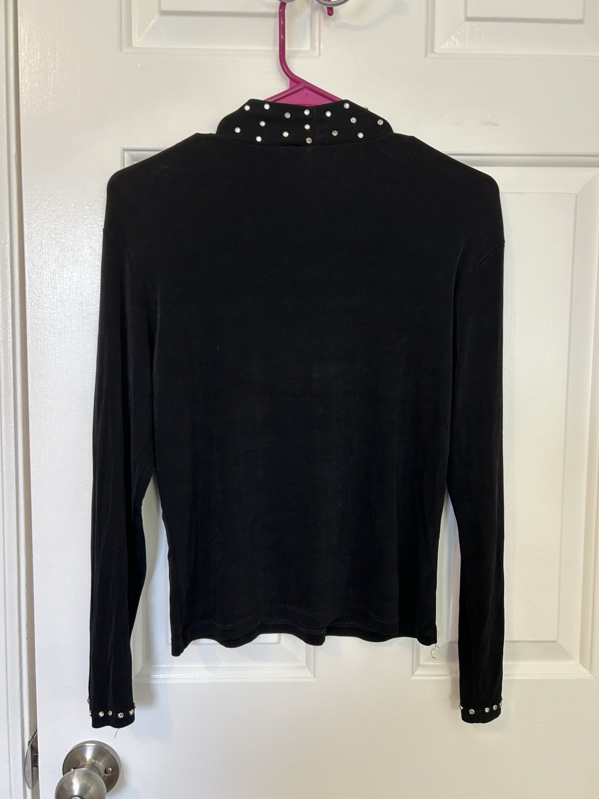 Vintage 90s Rhinestone Mock Neck Top Polyester Spandex Sz Sm Long Sleeve Black