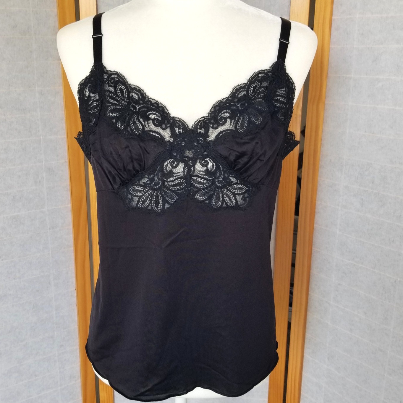 Vintage Shadowline Camisole Slip Top Black Lace Trim Sz 36 Made in USA EUC