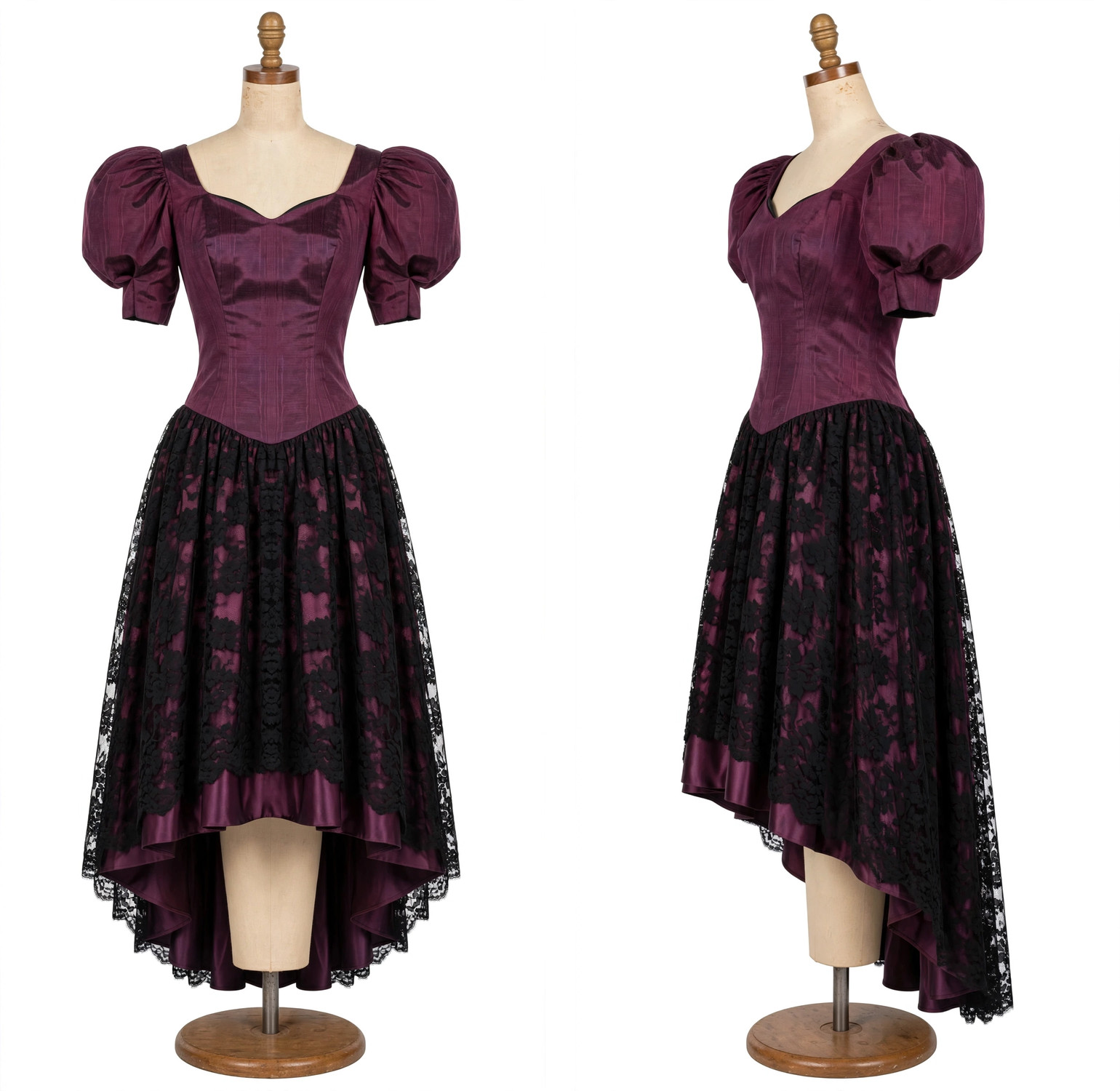 VINTAGE 80s PLUM MOIRE & BLACK LACE PUFF SLEEVE MULLET PROM DRESS