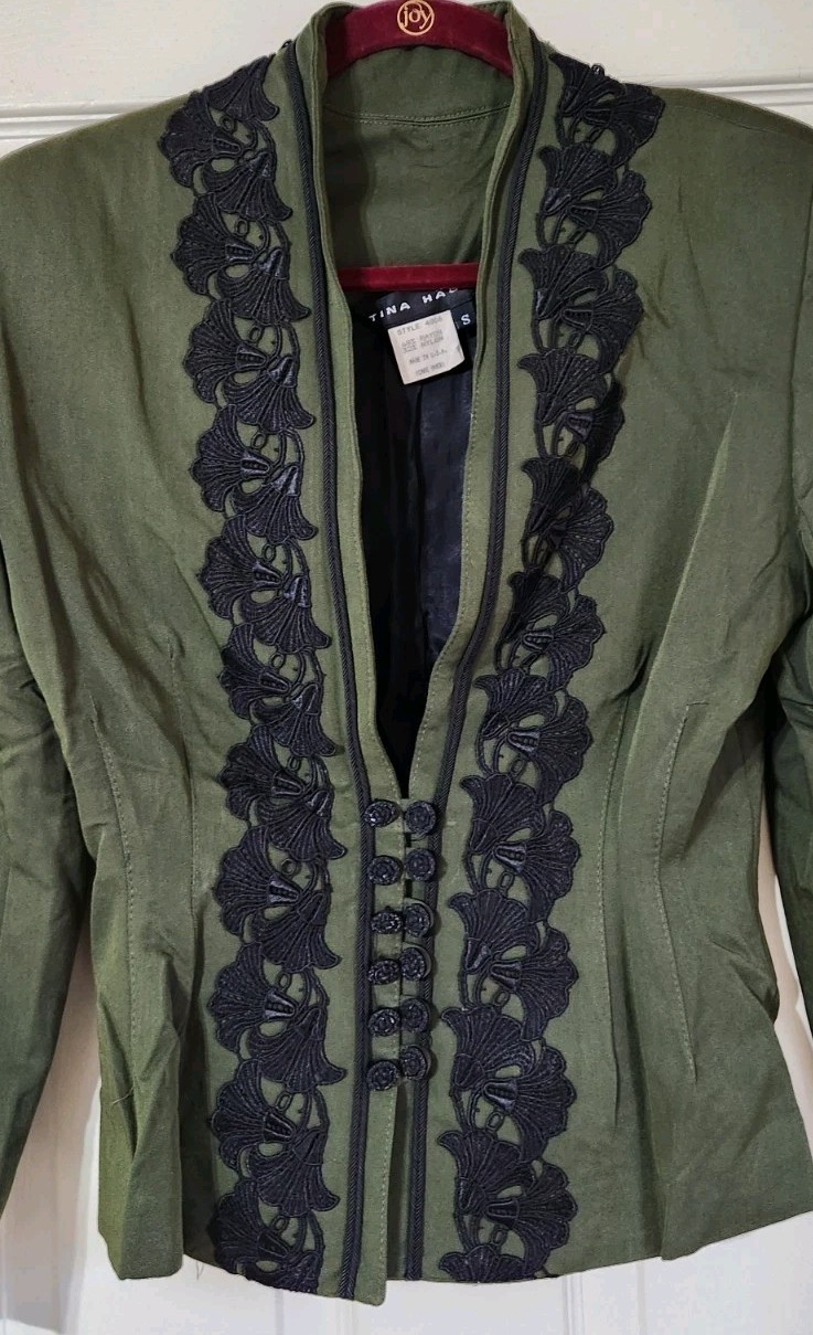 Edwardian Olive Green Jacket Black Embroidered Trim Flower Petals Size Small 90s