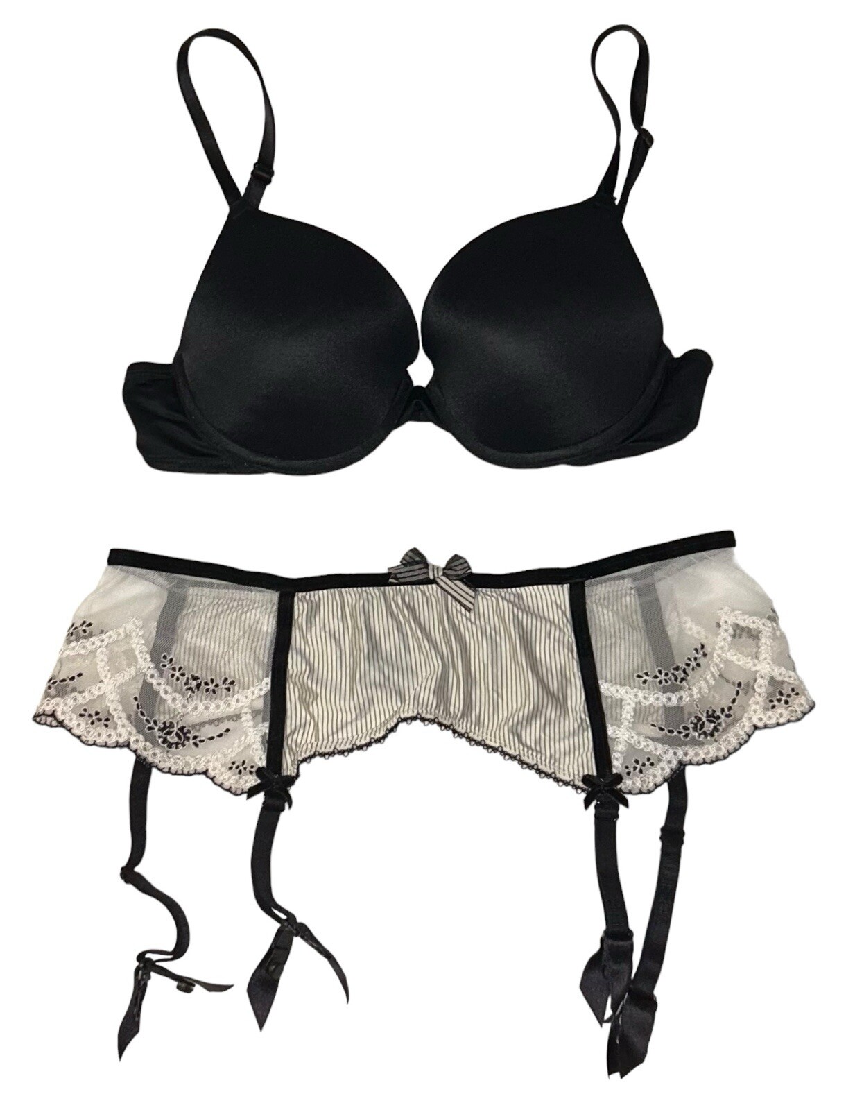 Lot of 2 Victoria’s Secret PINK Black Shiny Satin Bra & White Garter Belt 32D