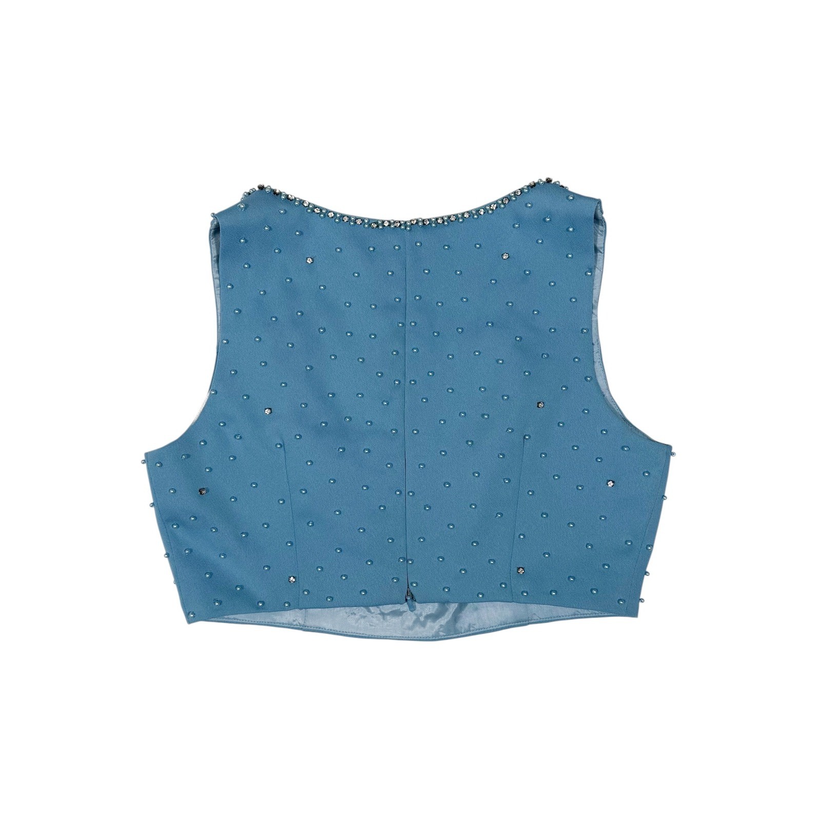 Vintage Cache Blue Beaded Pearl Rhinestone Crop Top Evening Sleeveless Size 8