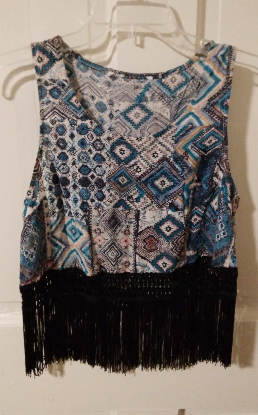 Vtg 90s Southwest Native Tribal Print Sleeveless Fringed Tassels Crop Top XS