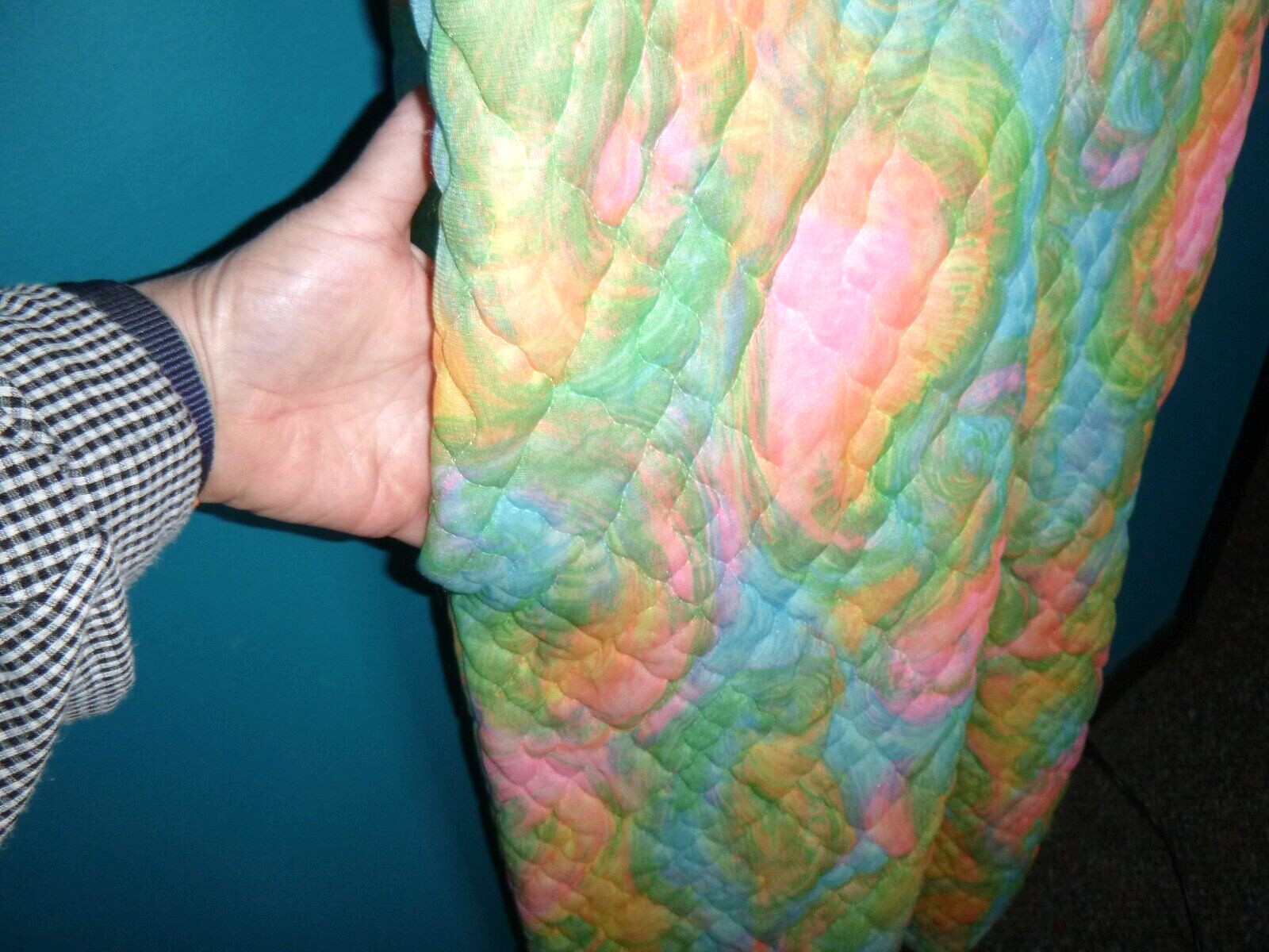 Vtg 60s Quilted Loungewear Jumpsuit Wide Legs MOD Swirl Pink Blue Yellow Sz M/L