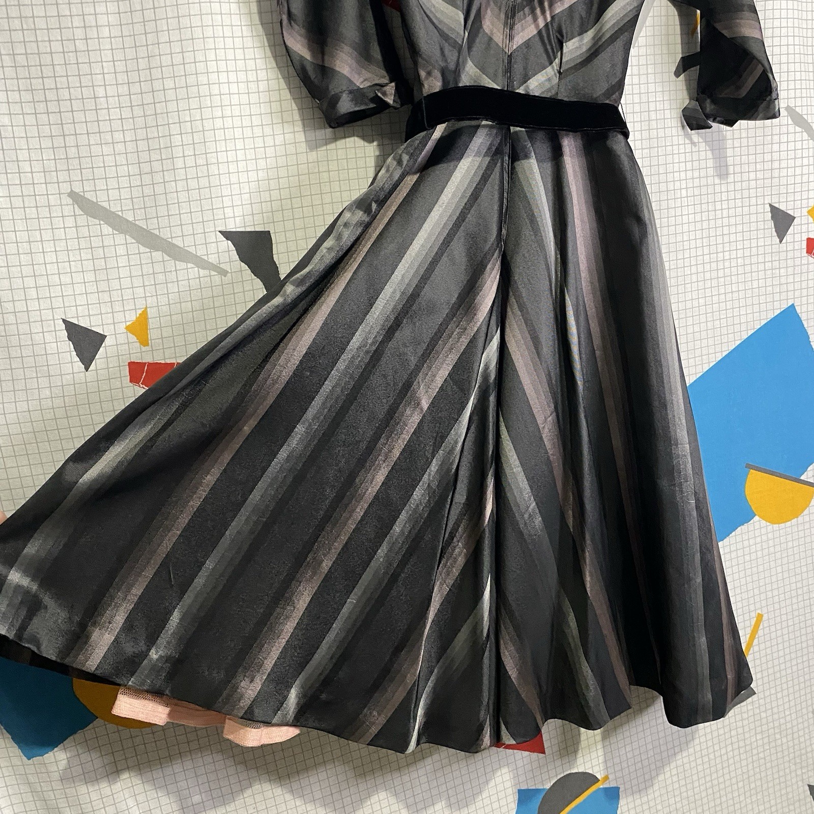 Vintage 40s 50s R&K Chevron Dress Velvet Stripe M Ombré Rockabilly Lurex Taffeta