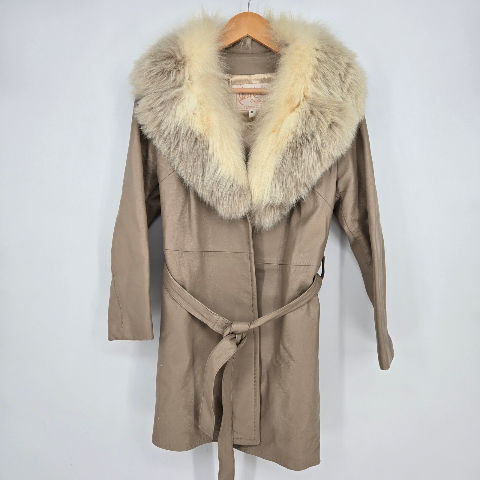 Vintage Women’s 10 Real Leather Swing Coat Genuine Fox Fur Collar Tan Cream
