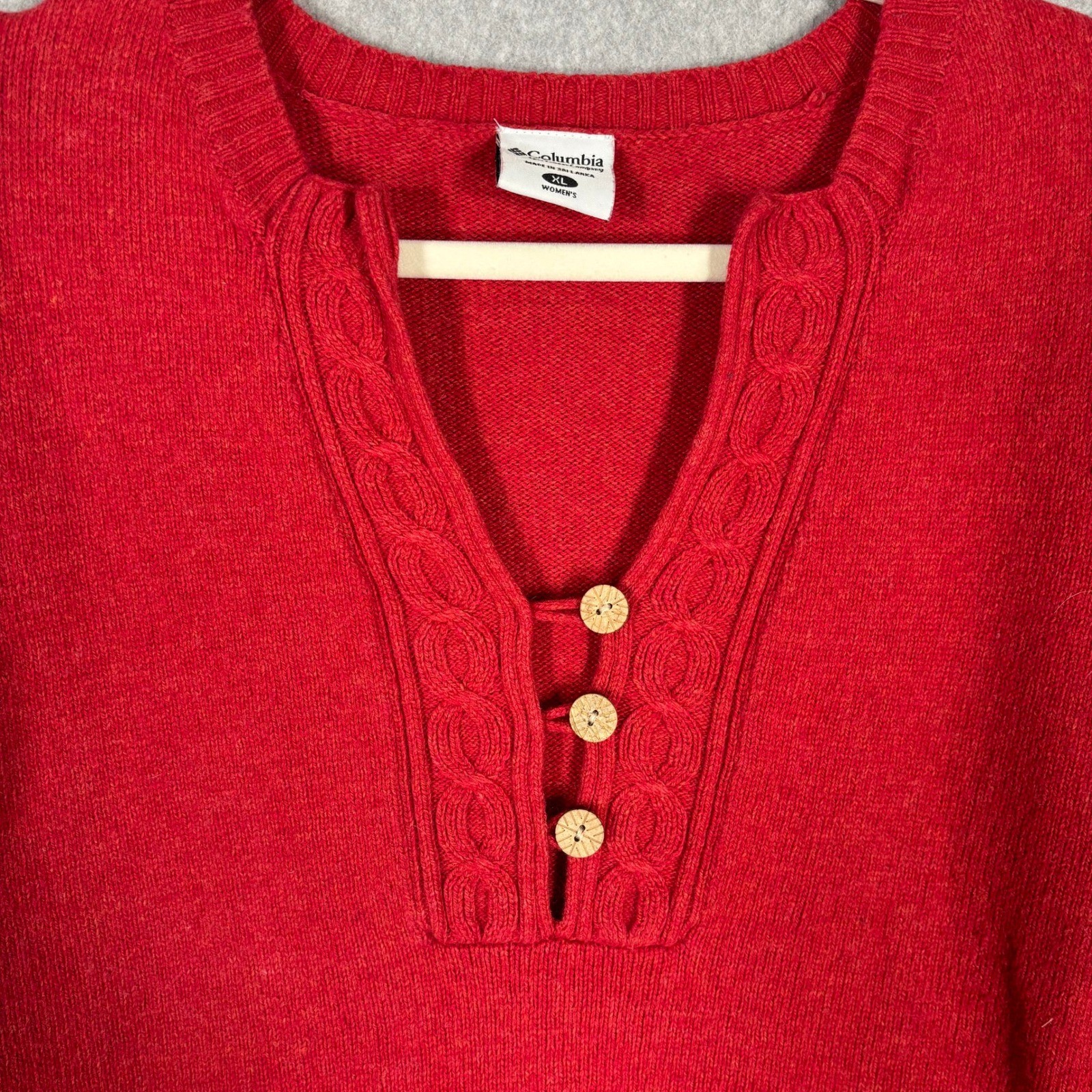 Columbia Cable Knit Sweater XL Red Wood Buttons Fisherman Heritage Country Farm