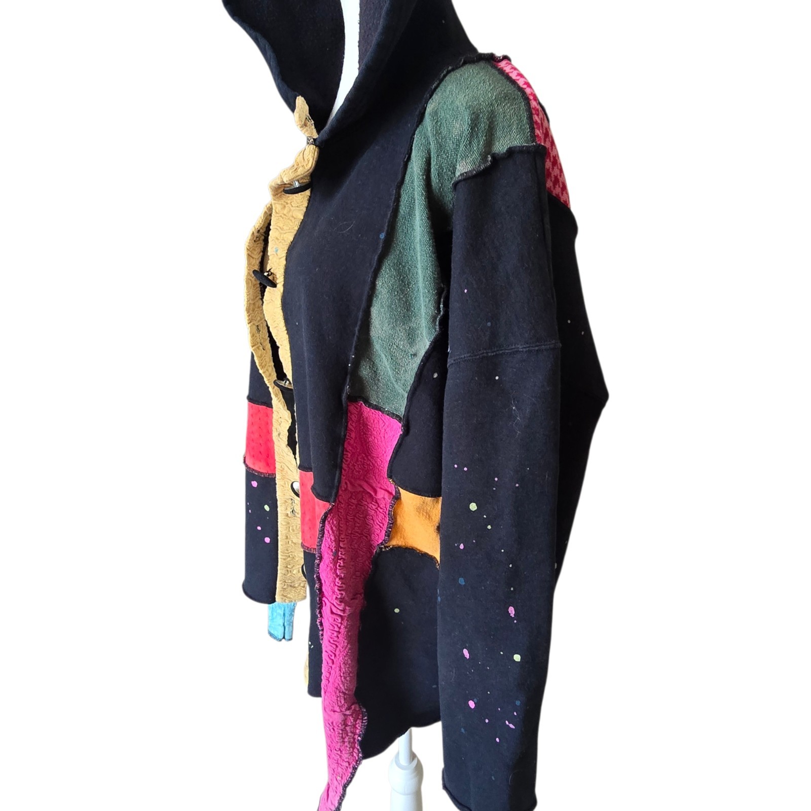 RareVintage Patchwork Mixed Media Artistic Grunge Boho Hippie Hooded Button Down