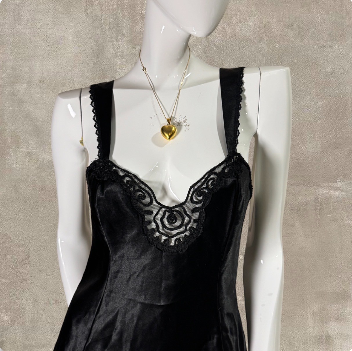 Vintage 90s Black Satin Slip Dress Made in USA Lace Lingerie Mini Medium