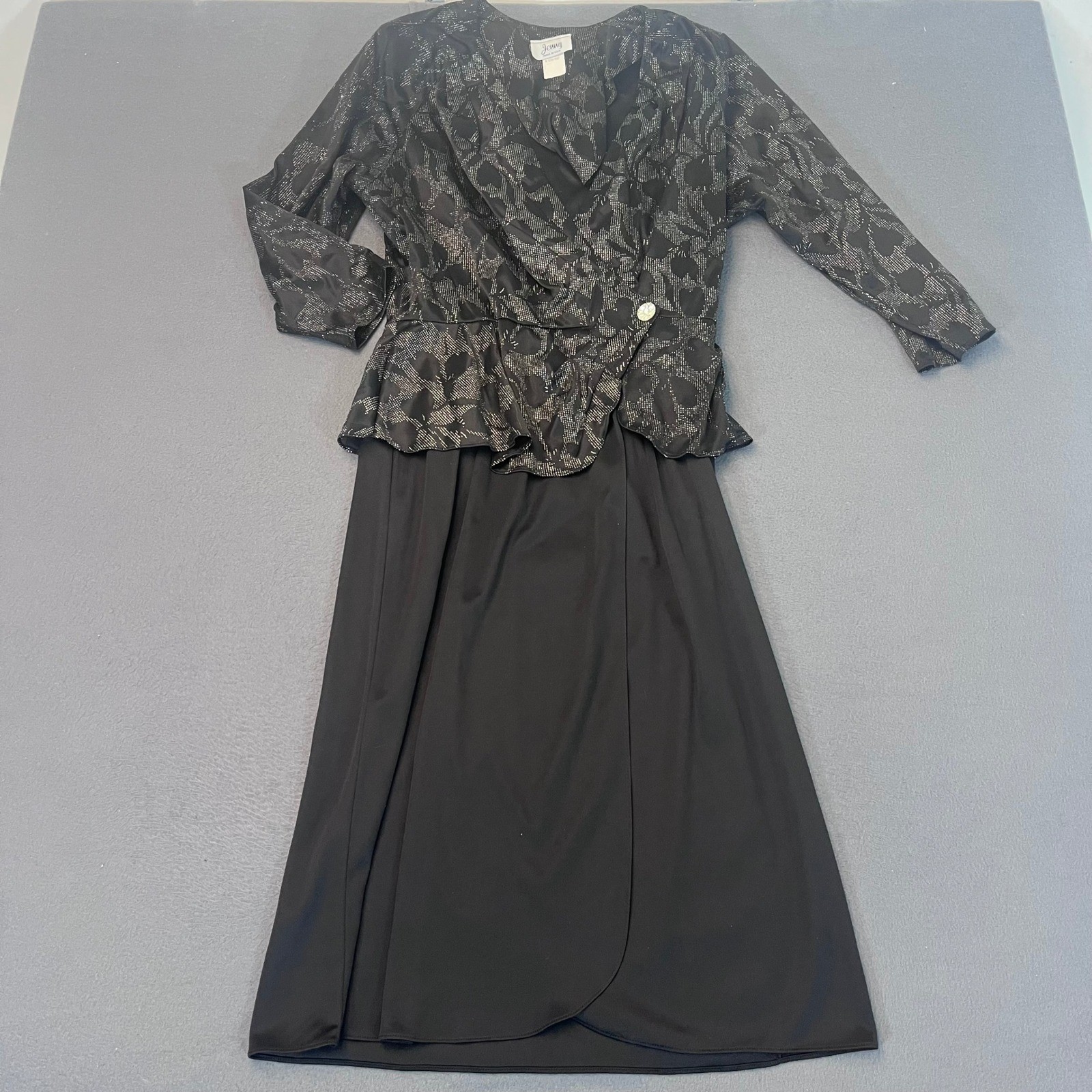 Vintage Jenny Black Silver Metallic Peplum Maxi Dress Size 12 Made in USA Floral