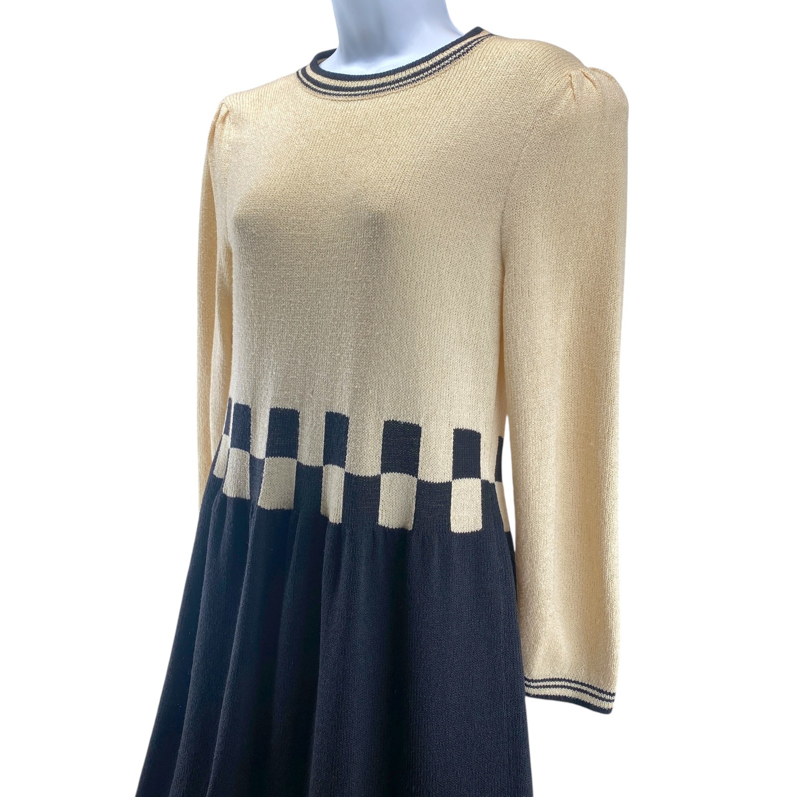 Vintage Peter Lynne Dress Large Black Ivory Wool Santana Knit Checkerboard Midi