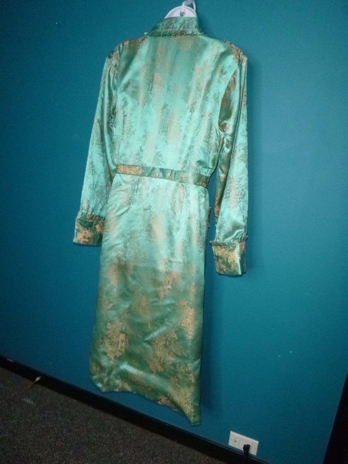 Vtg 40s 50s Aqua & Gold Satin Brocade Robe Dressing Gown Asian Motif Sz S/M