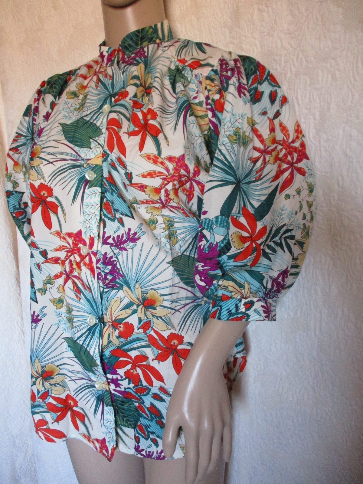 Edith Flagg Top vintage 70s CA USA Designer Orchid Blouse Floral Puff 1/2 sleeve