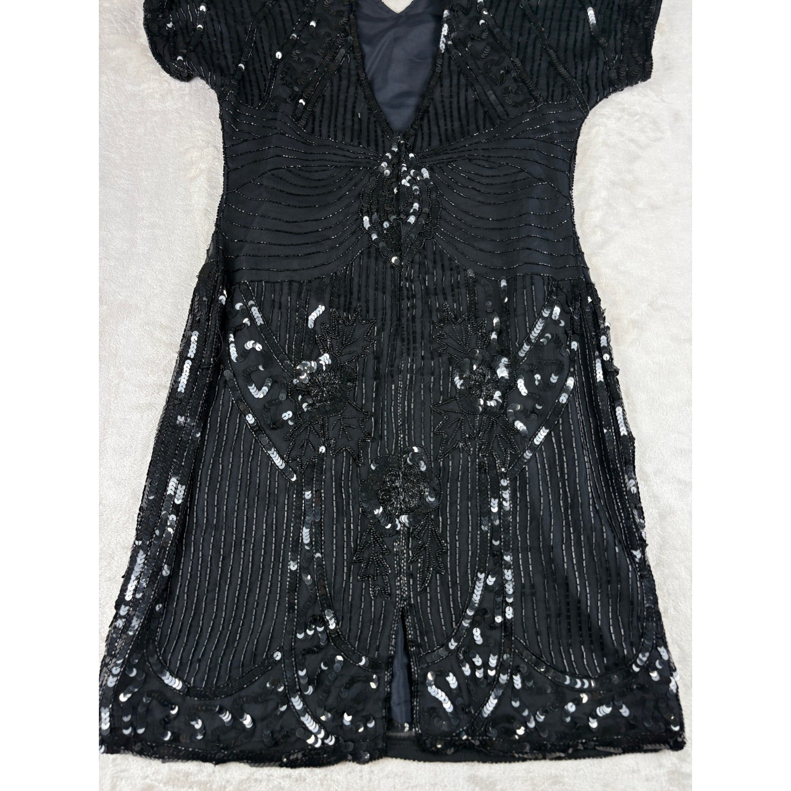 Vintage Carina Black Pure Silk Beaded Sequin Art Deco Flapper Mini Dress Medium