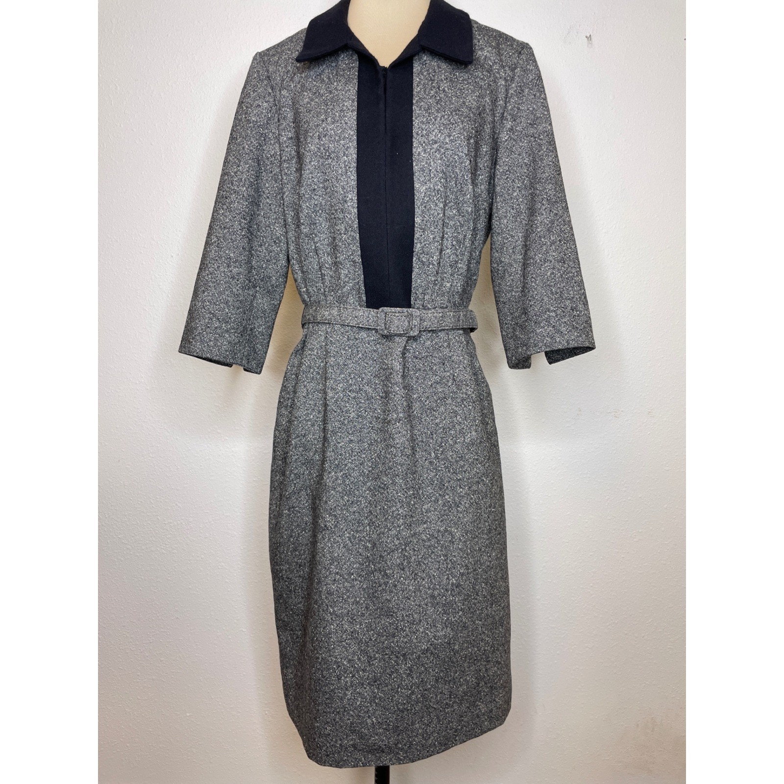 Pendleton Women Dress Vintage Tweed Belted Wool Sheath 6 Gray Black
