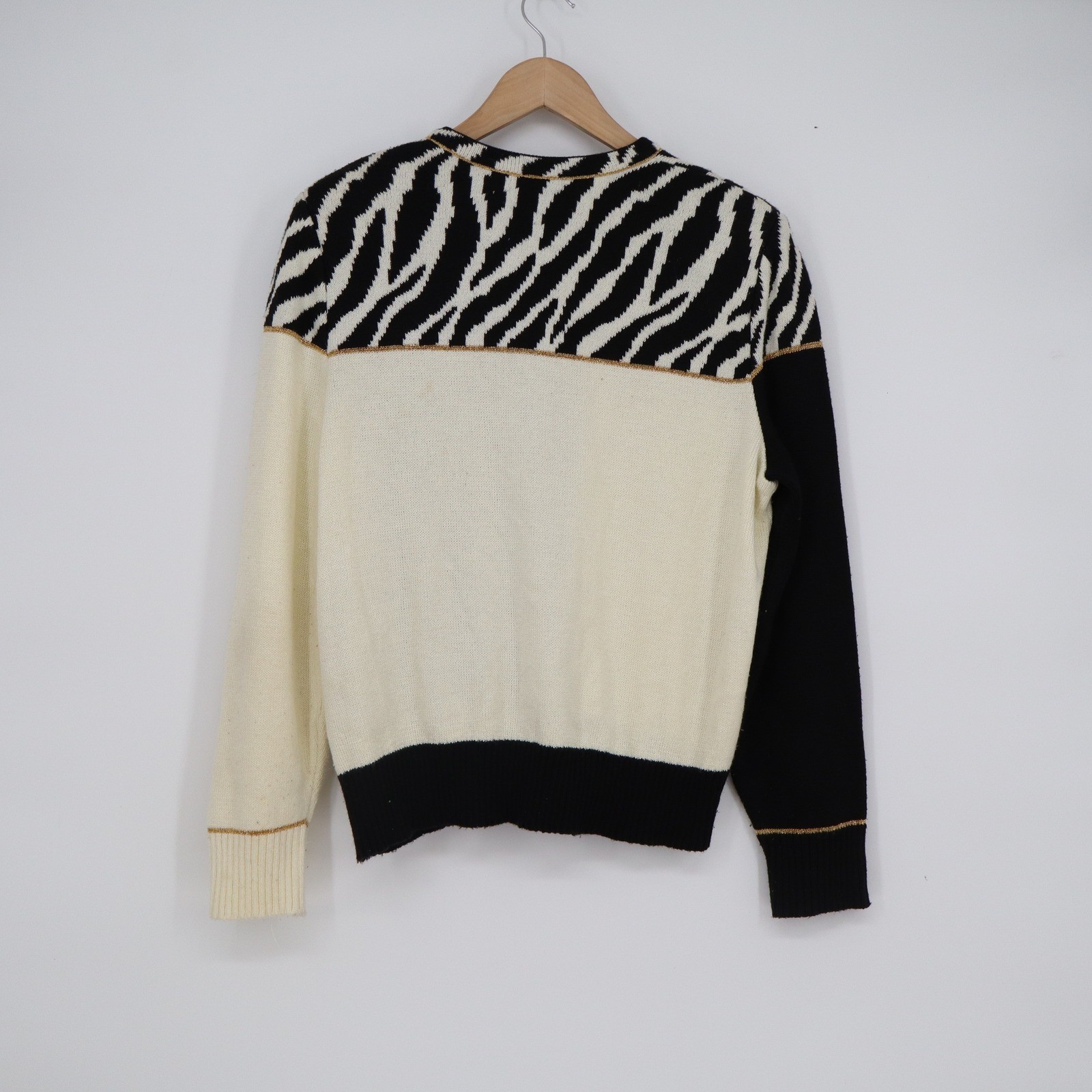 Vintage Mita Zebra Colorblock Zip Cardigan Sweater Gold Trim Black Cream Size 14