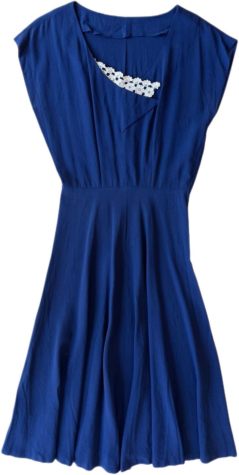 40’s 50’s Navy-Blue Rayon Lace-Beaded Collar Dress Lady Petite Size S/M