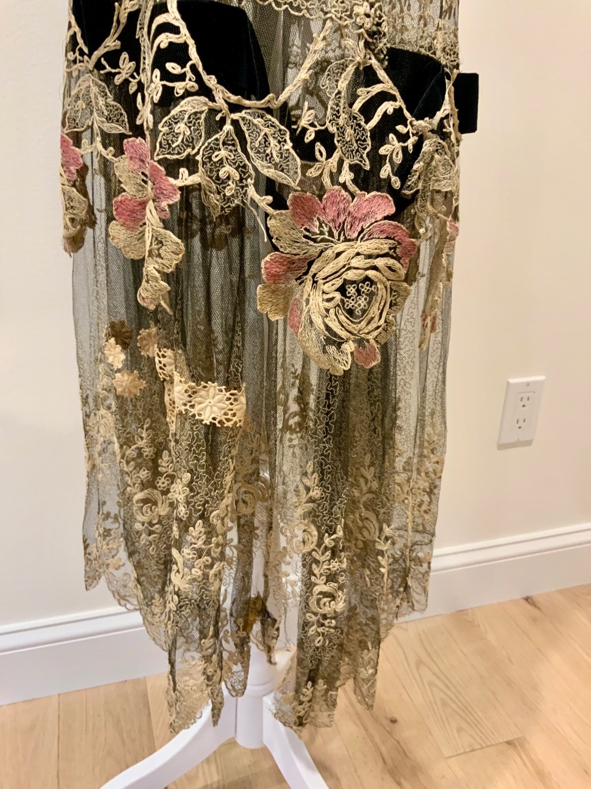 Rare 1920s French Lace Dress. Black Net & Pink Floral Embroidery. Restored S