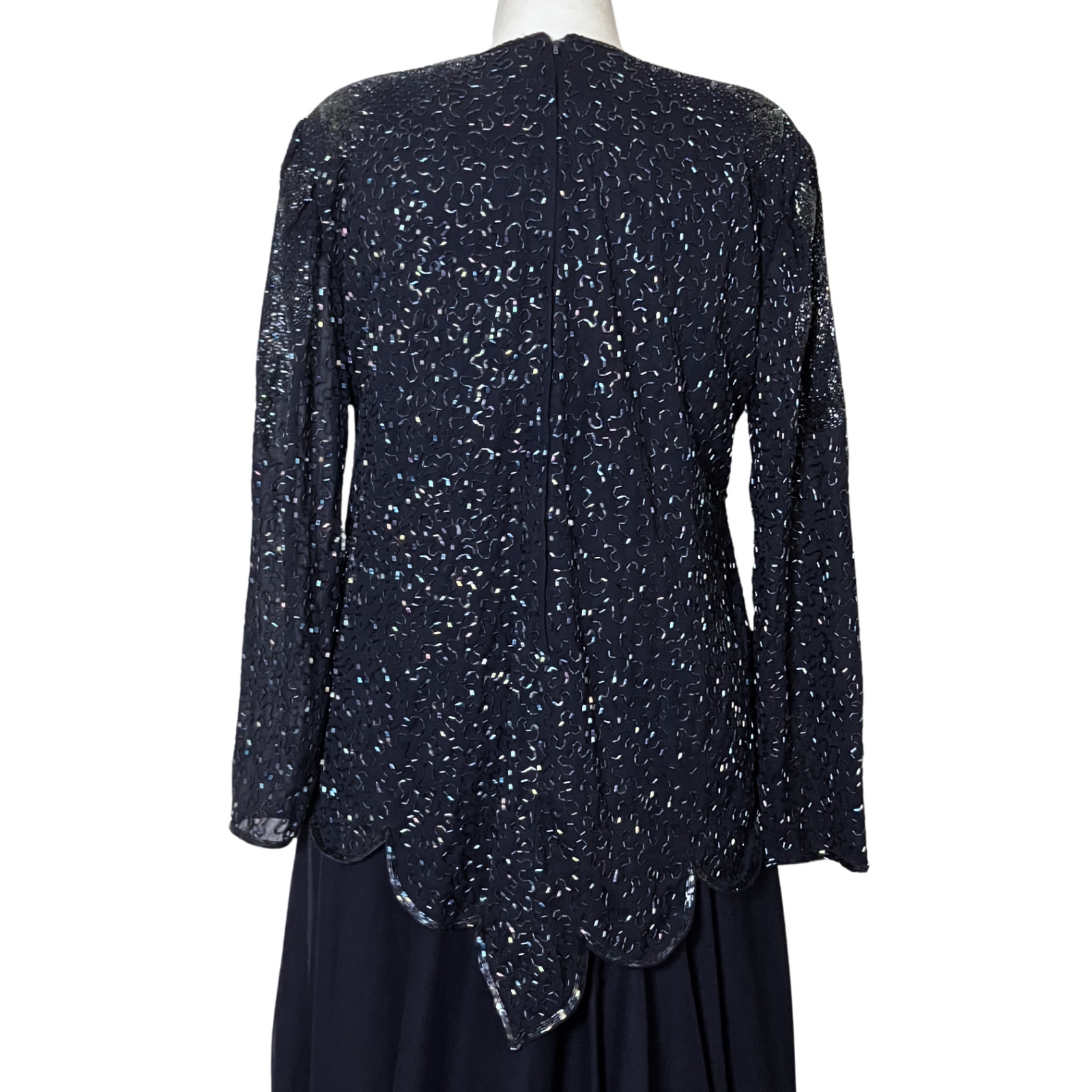Vintage 80s 90s Navy Blue Beaded Formal Dress Long Sleeves. XL/XXL. Modest