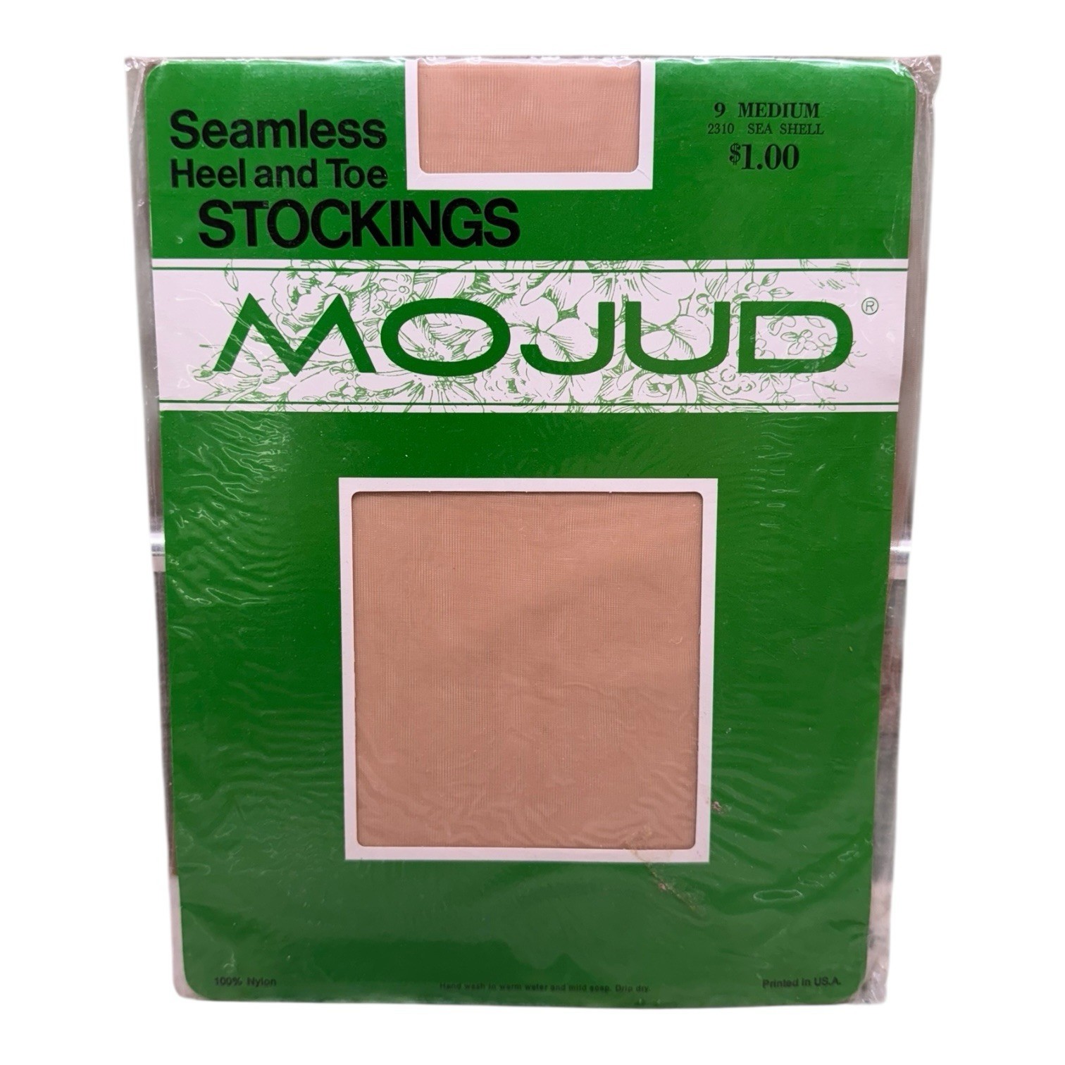 Vintage Mojud Seamless Heel And Toe Stockings Sea Shell Size 9 Medium