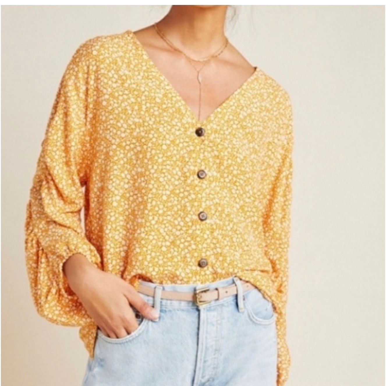 Anthropologie Maeve Venice Floral Peasant Blouse Mustard Orange Medium