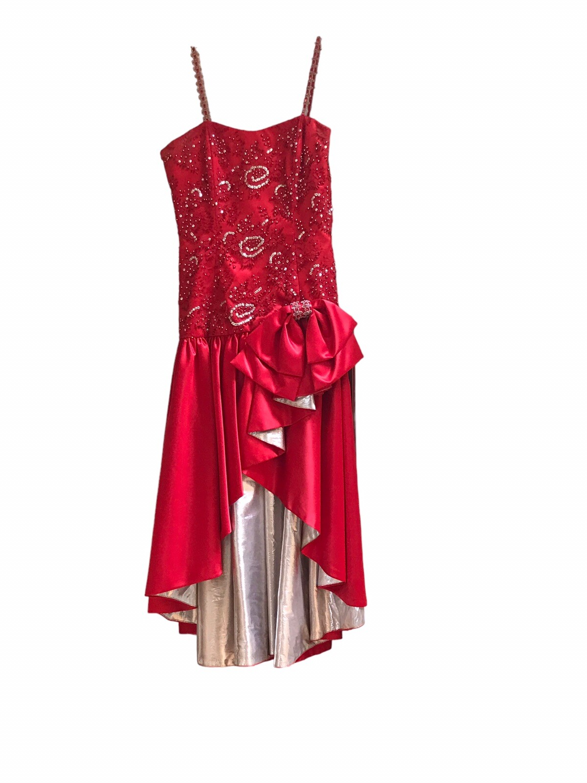 Vintage 90s Custom Handmade Red Satin Prom Evening Dress With Beads Sequin