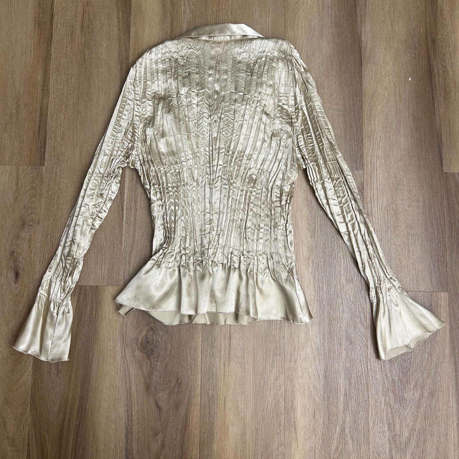Vintage Champagne Gold button up Crinkle Satin Ruffle Blouse M plisse