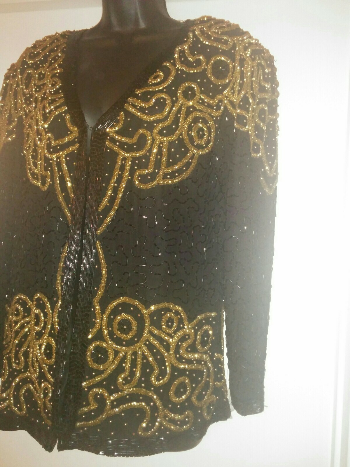Vtg 80’s Nite Waves By Samir Suri Heavily Beaded & Sequin Gold Black Silk Jacket
