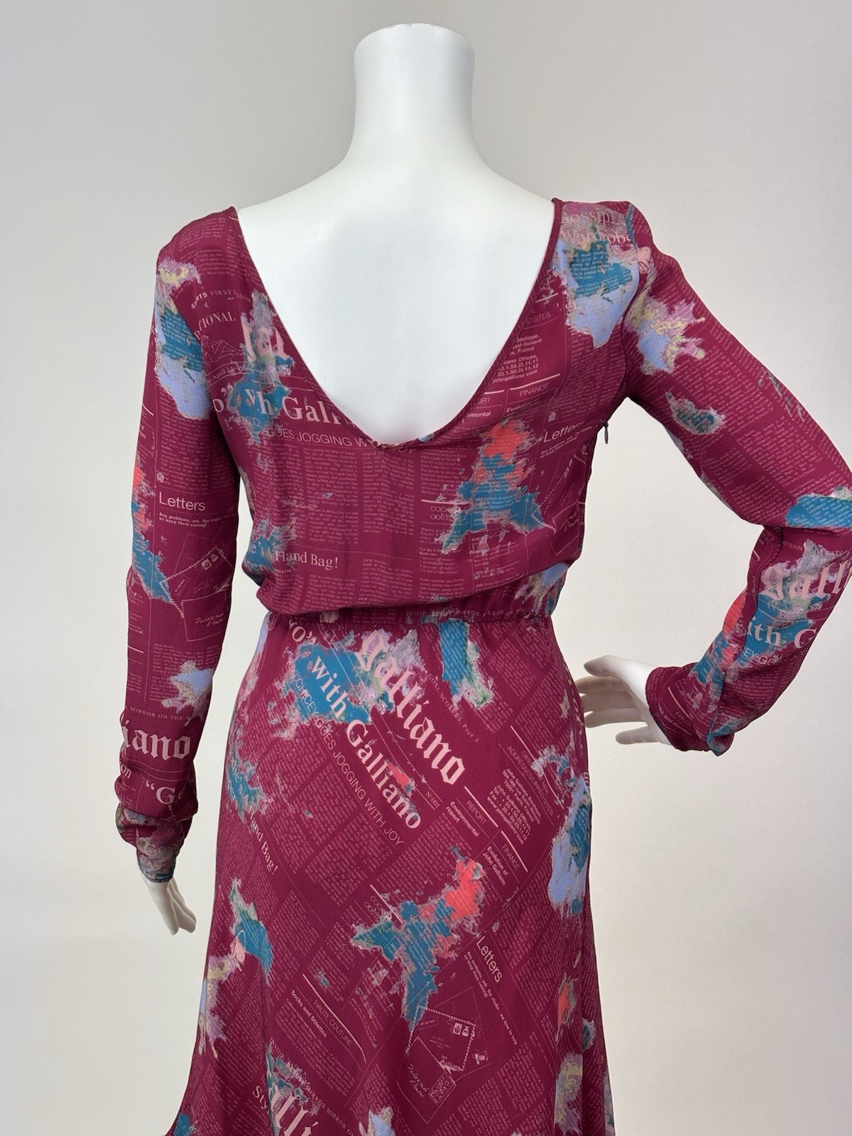 Vintage Rare Galliano Pink and Blue Newsprint Long sleeve Dress Sheer 100% Silk