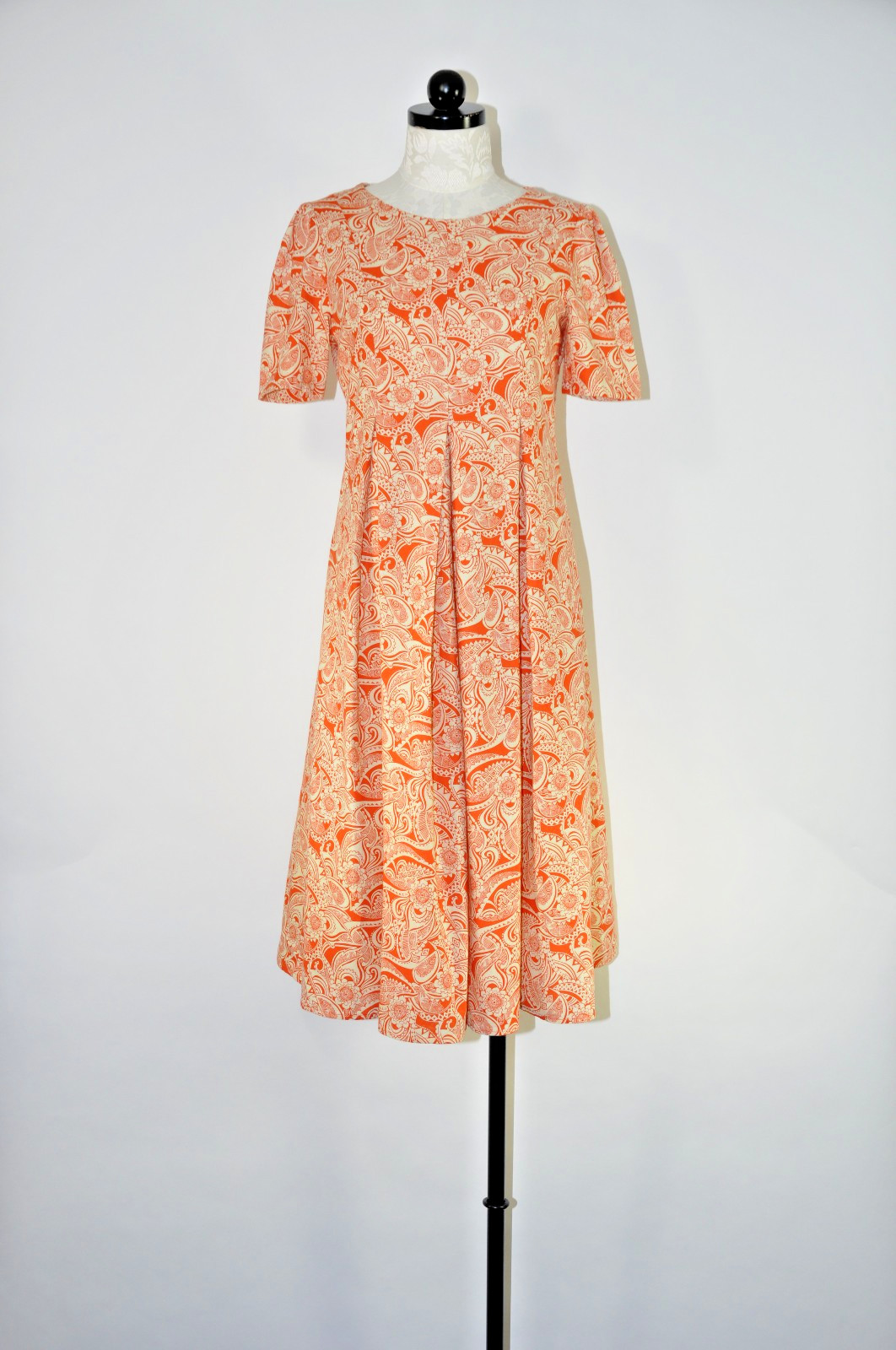 60s Vintage Orange Cream Cotton Floral Pleated Full Skirt Midi Day Dress Women S
