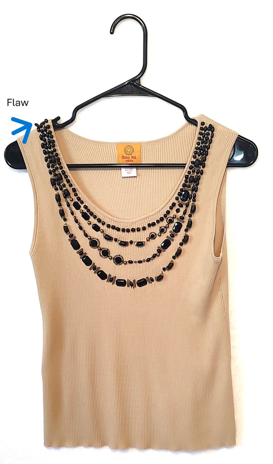 Ruby Rd. Womens Vintage Top Large Petite Tan Embellished with Black Beads