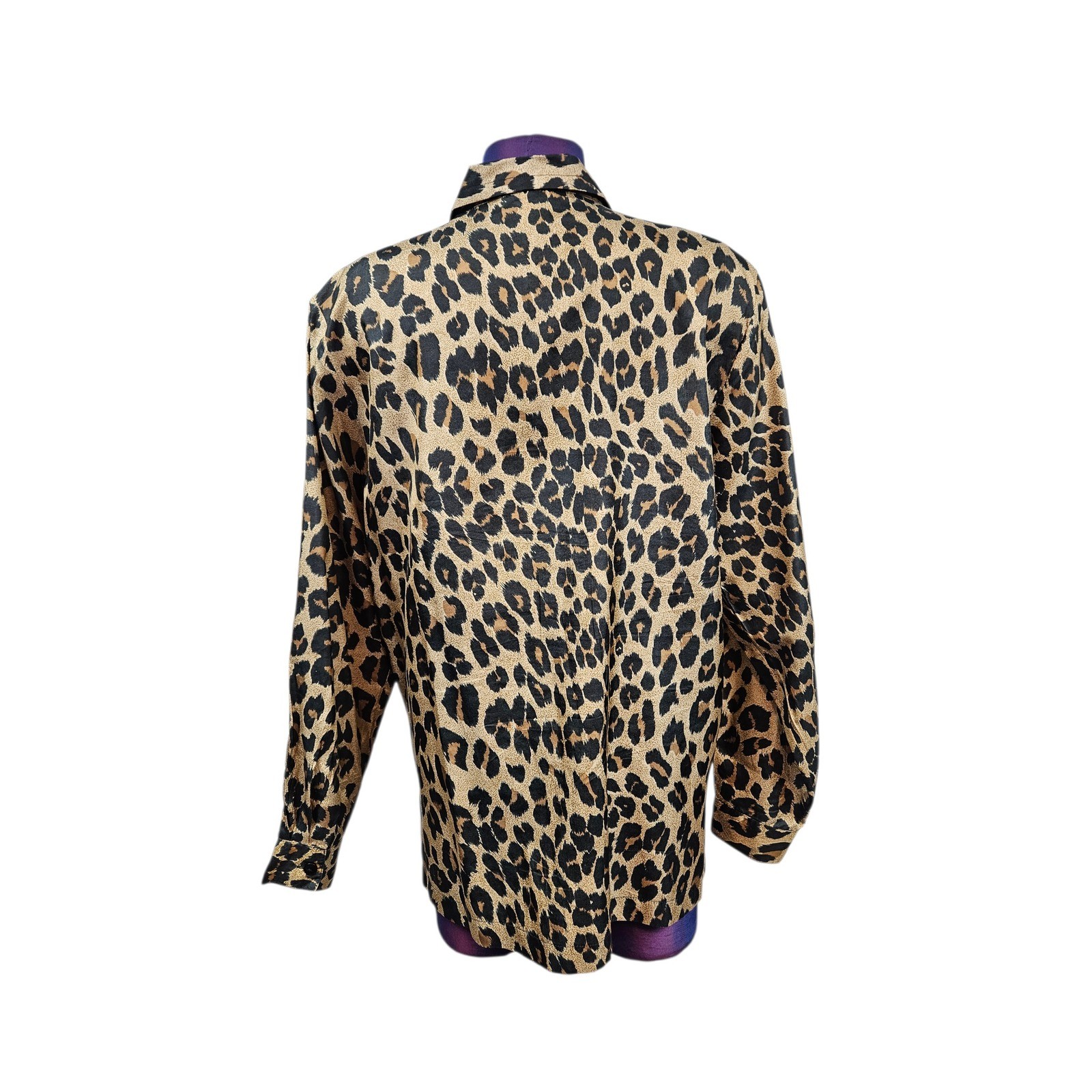 Stunt 100% Silk Leopard Print Button Down Blouse Animal Print Medium H22