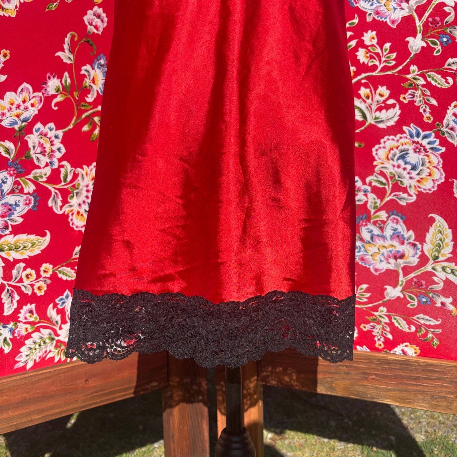 VTG Red Satin Back Lace Trim Lingerie Mini Slip Dress Romantic Goth Size M