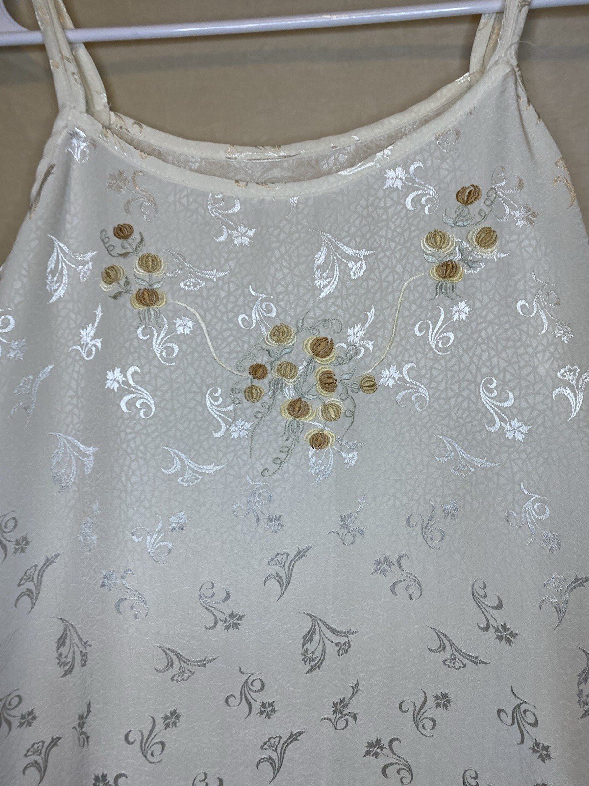 VTG White Slip Dress/ Night gown With a silver and gold floral pattern Medium