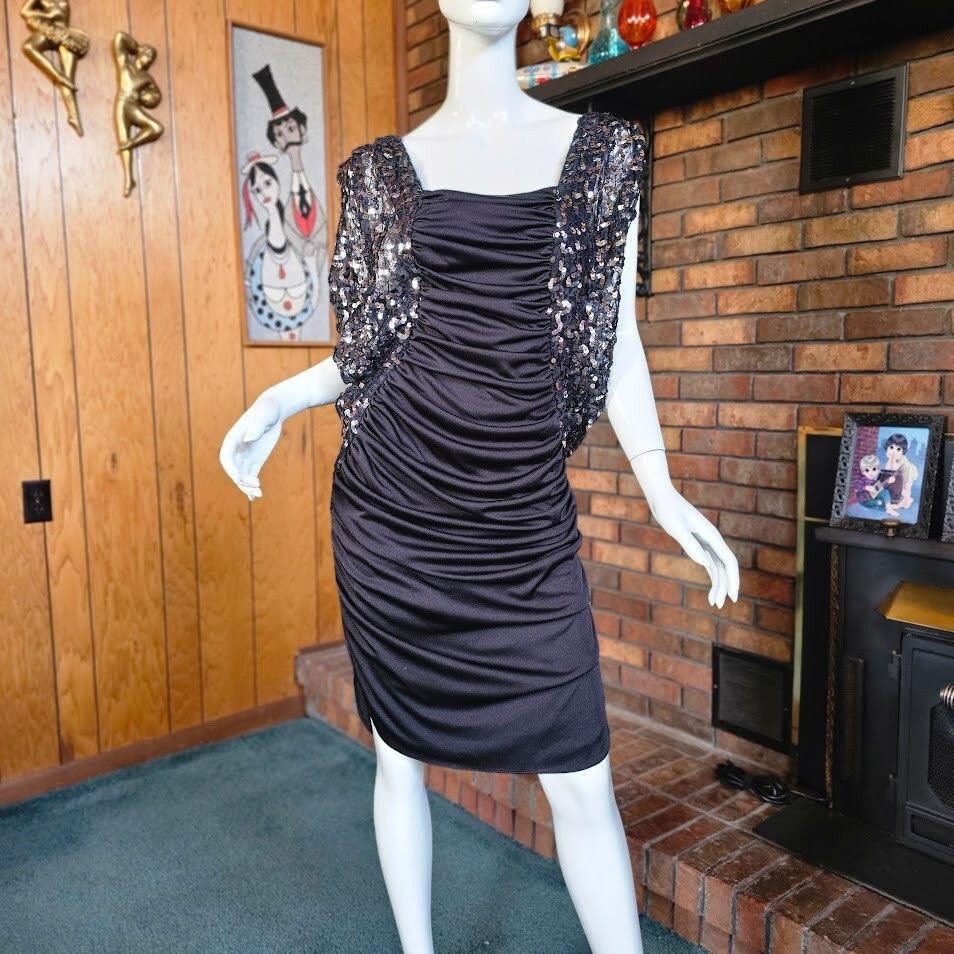 Vtg 70s Disco Coffin Batwing Metallic Sequin New Leaf Samir Cocktail Dress S/M