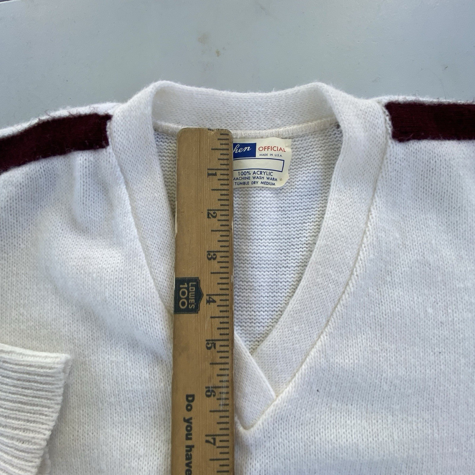 Vintage Ivory Cheer Sweater V-Neck Varsity Brown Stripe Acrylic USA Made Sz M