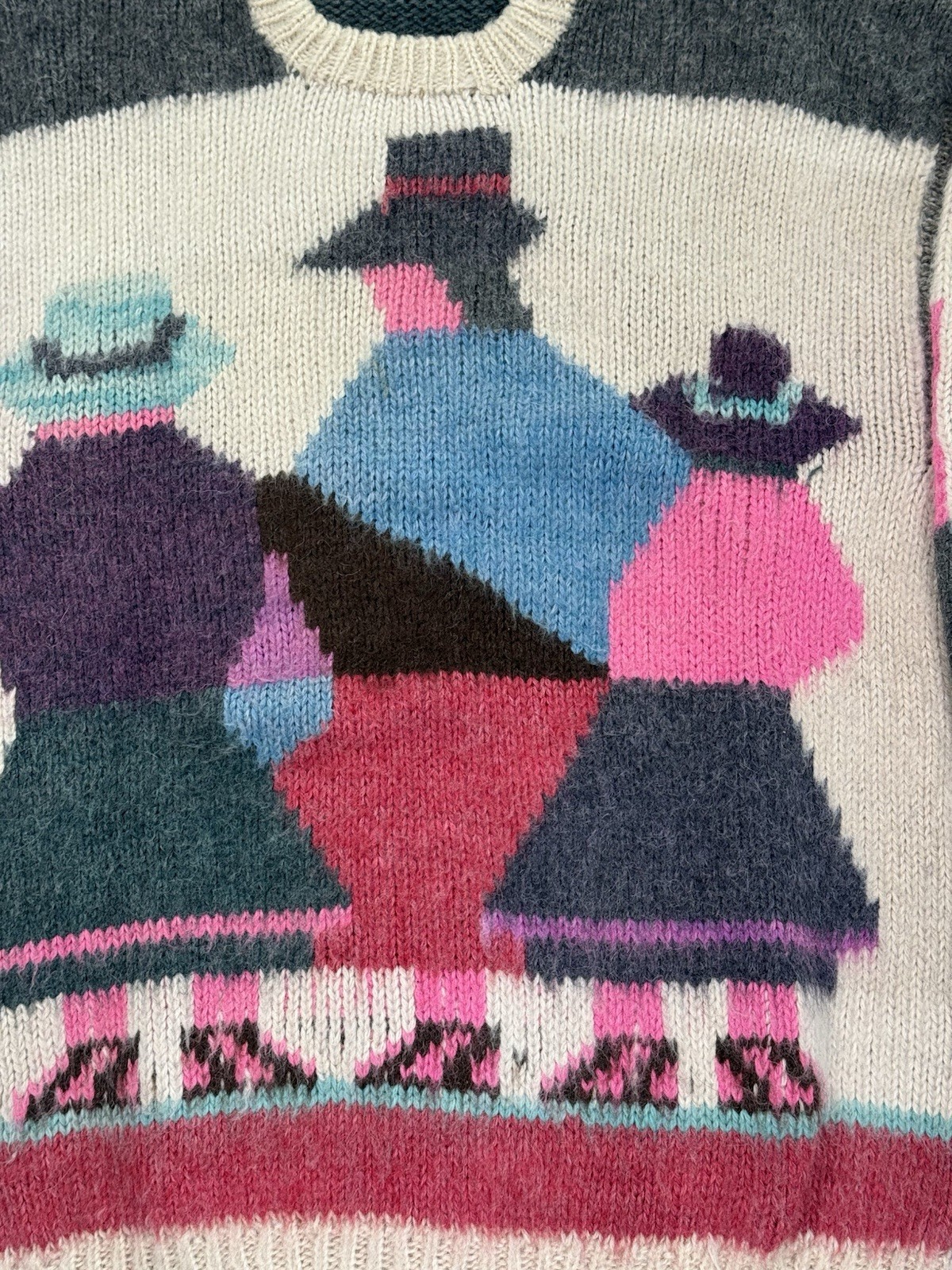 Vtg 80s Peruvian Baby Alpaca Sweater Wool S/M Geometric Design Women In Hats