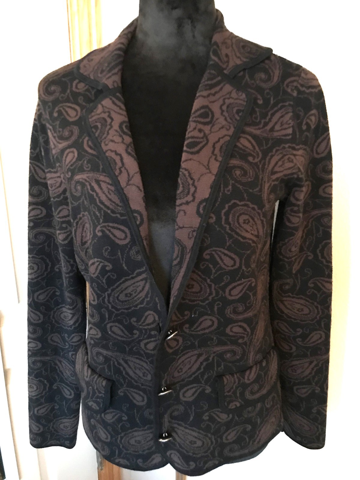 VTG 80s Willi Smith Sweater Jacket Brown Black Paisley Blazer Rolled Collar Sz M
