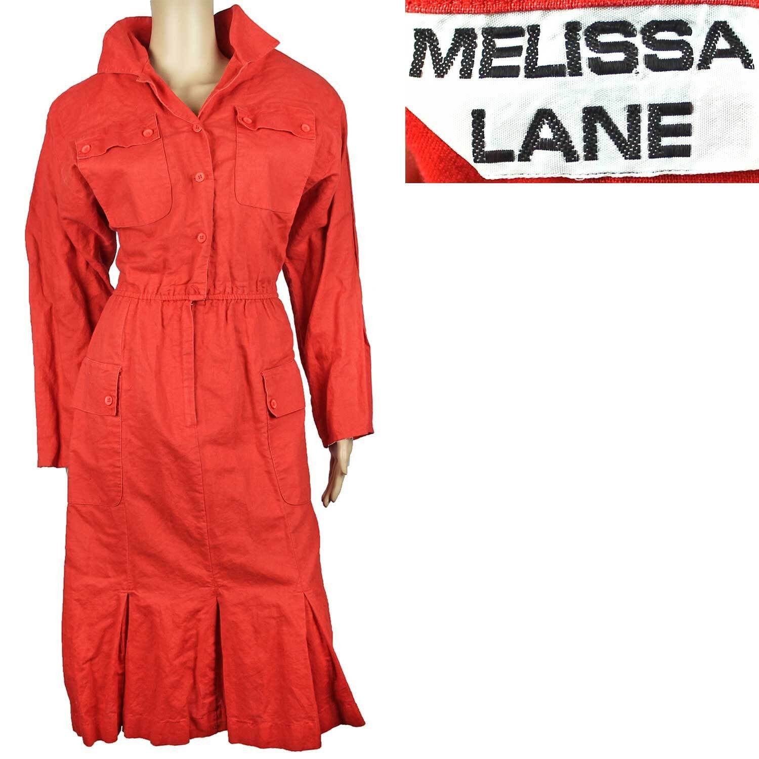 1980s Vintage Red Cargo Utility Dress Cotton Shirtdress Pockets Melissa Lane 12