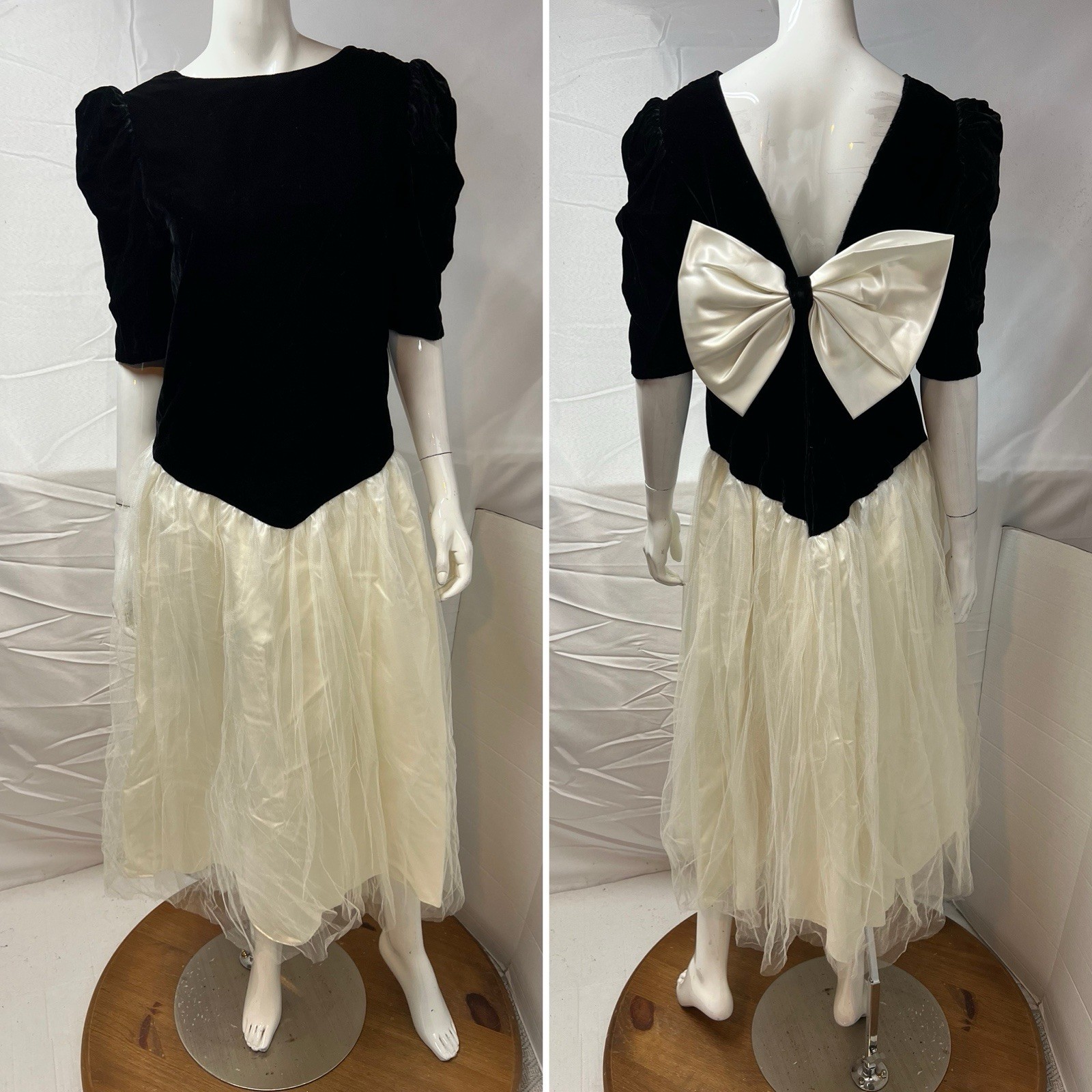 Vintage 80s Women’s M Black Velvet Cream Tulle Satin Bow Midi Retro Party Dress