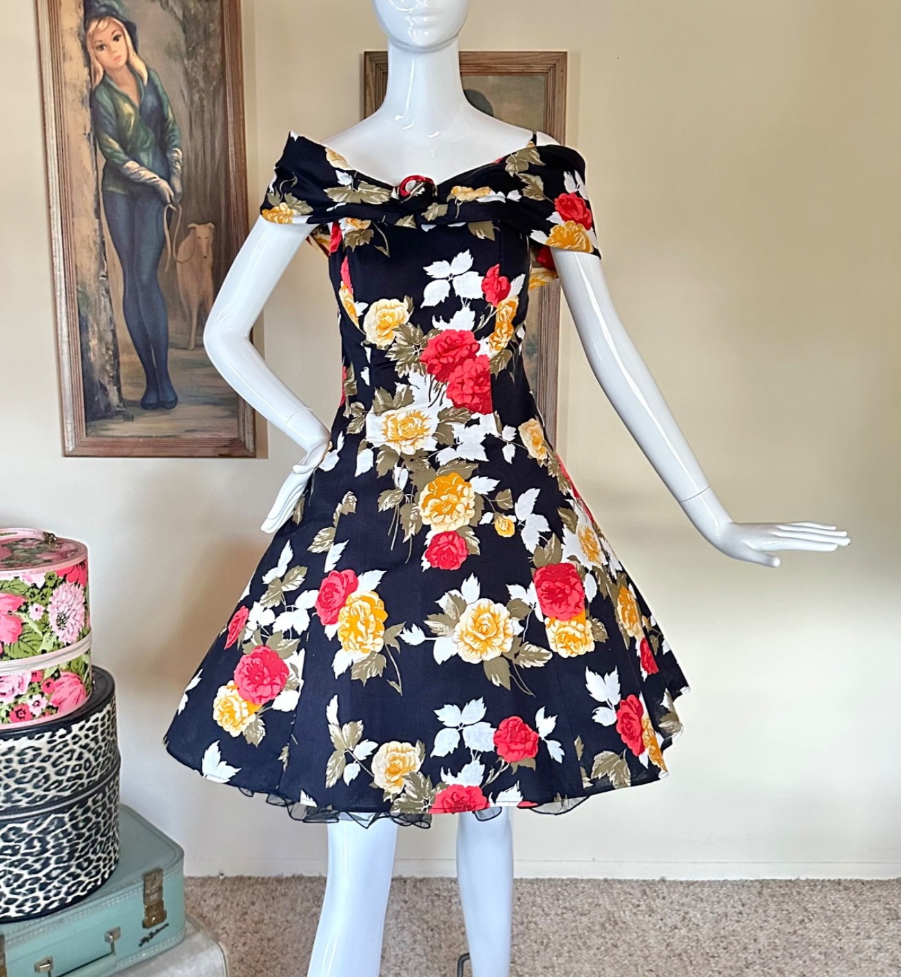 Vintage 1980s Off-Shoulder Punk Floral Mini Homecoming Party Prom Dress S/M