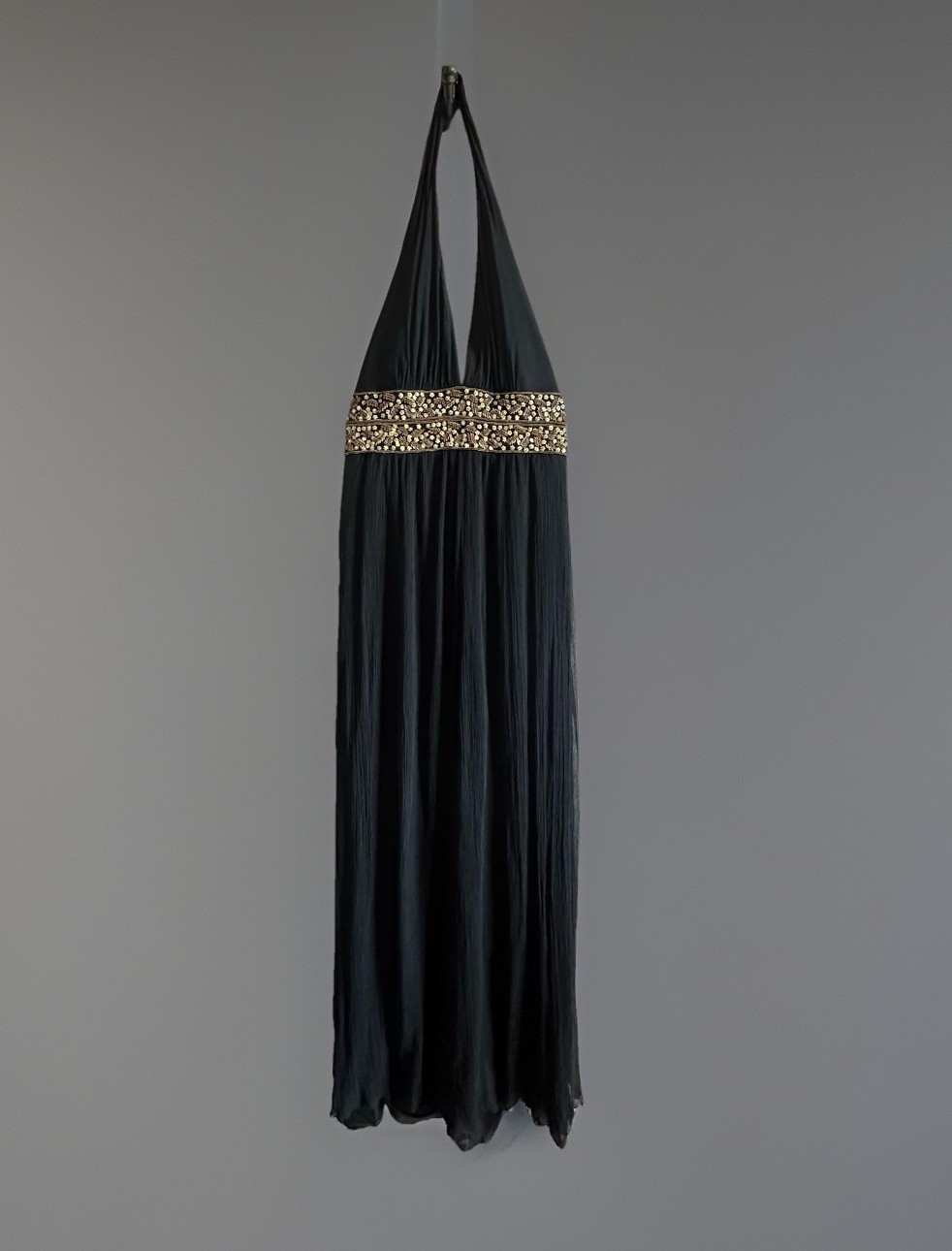 Y2K Black Maxi Dress Halter Sz 4 Beaded Waist Evening Cocktail Party Kay Unger