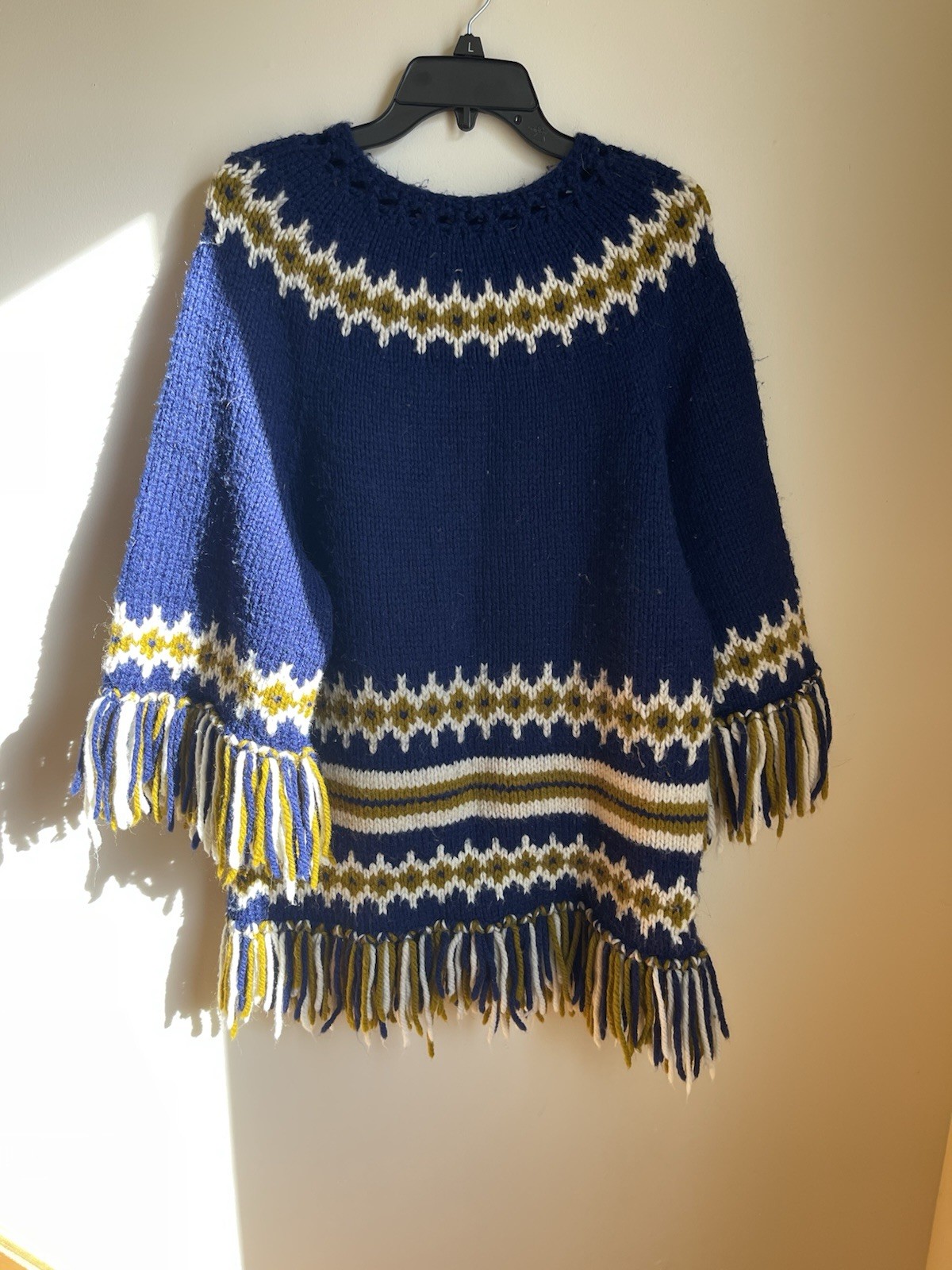 Vintage Knit Poncho Blue Yellow and Cream with Fringe Western Style Size M/L
