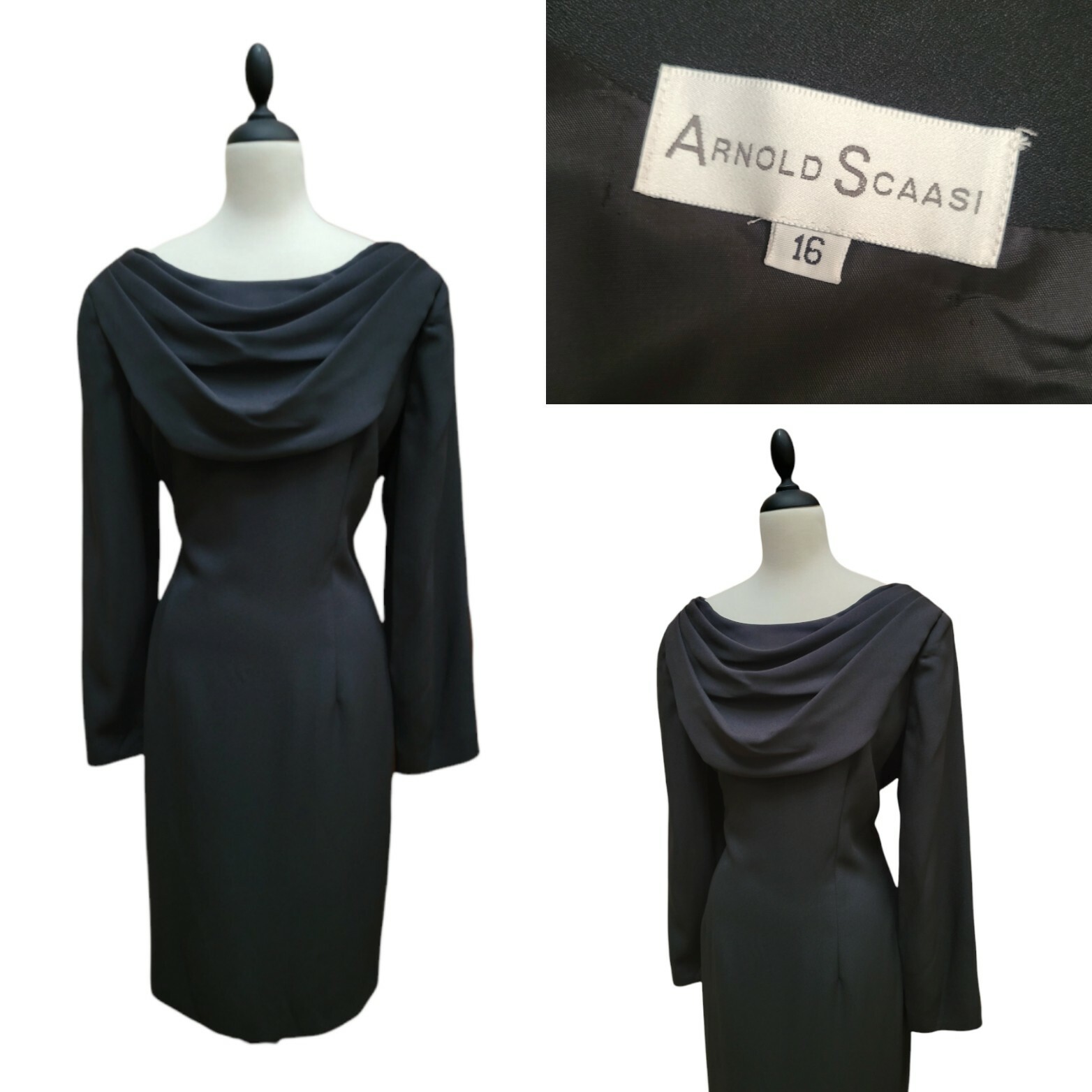 Vntg 80s/90s Deadstock W Tags Arnold Scaasi Black Silk Drape Neck Dress Sz 16