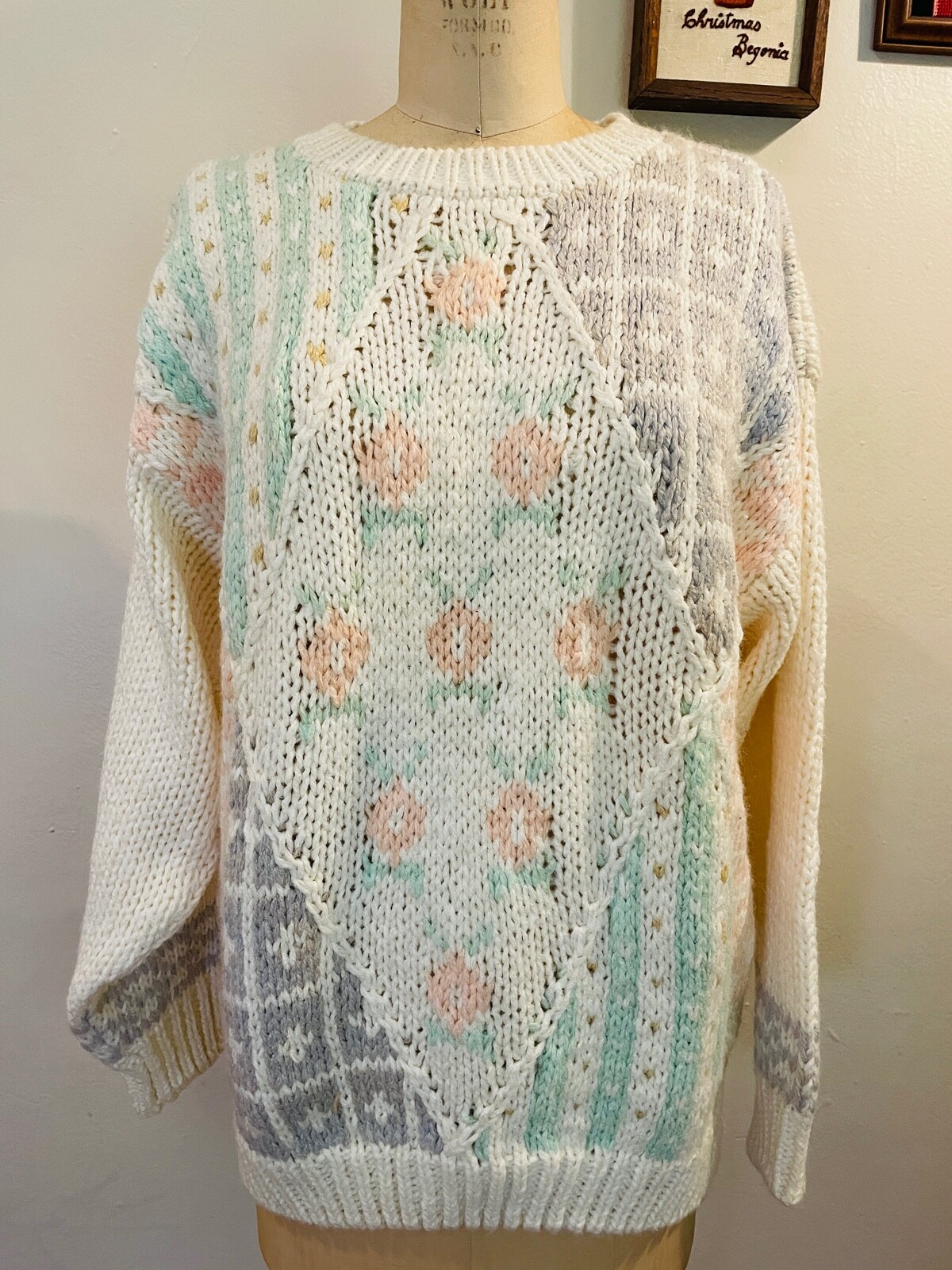 VTG 80’S MIDNIGHT BLUES IVORY WHITE&PASTELS HAND-KNIT CABLE KNIT SWEATER*M/L