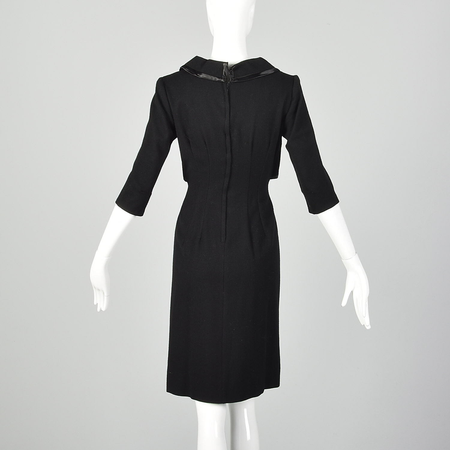 S 1950s Black Dress Wool Pencil Sheath Classic LBD Pinup Rockabilly Bow 50s VTG